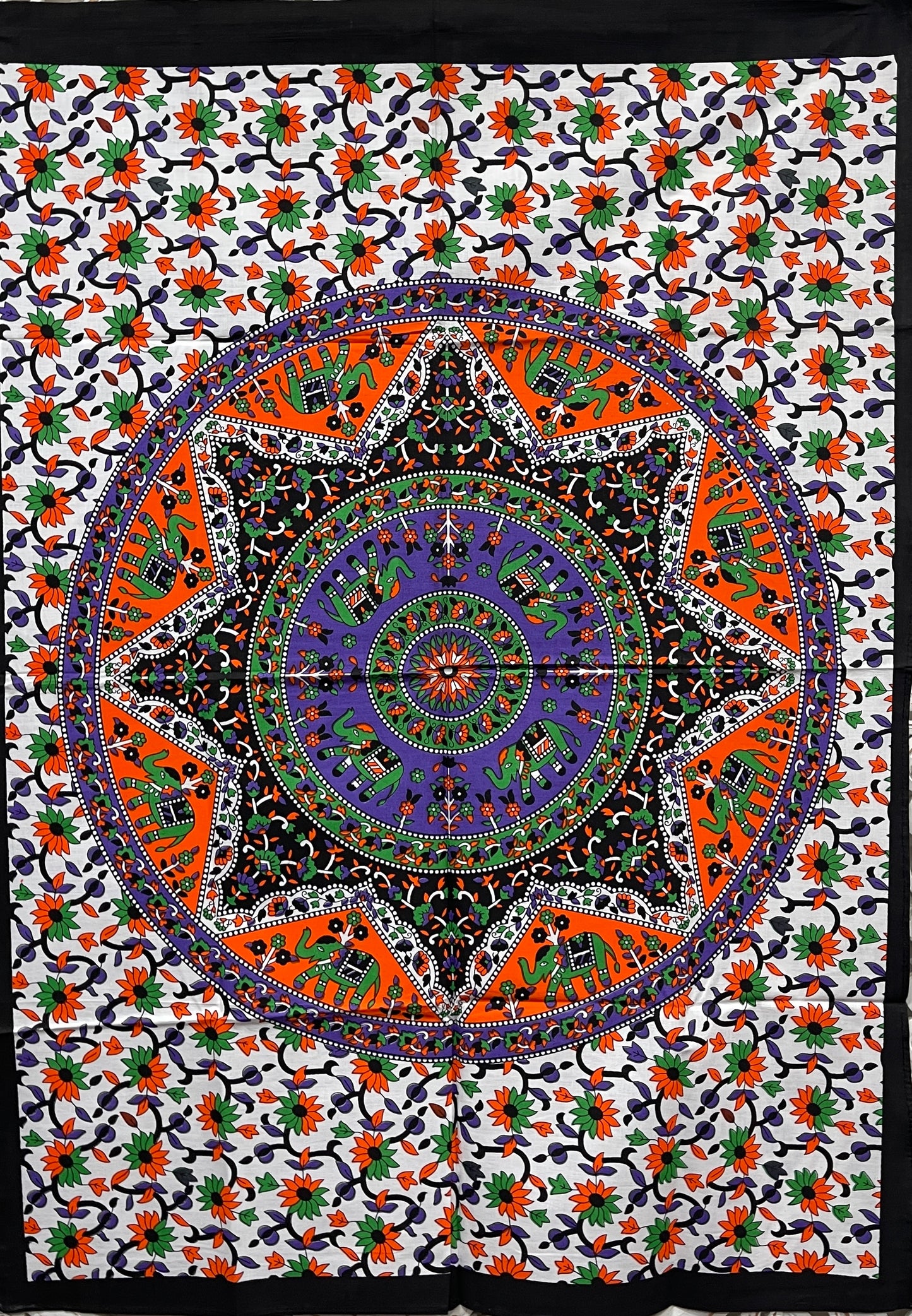 Hand printed Elephant Mandala Fabric Poster Tapestries- 4 Colors Available