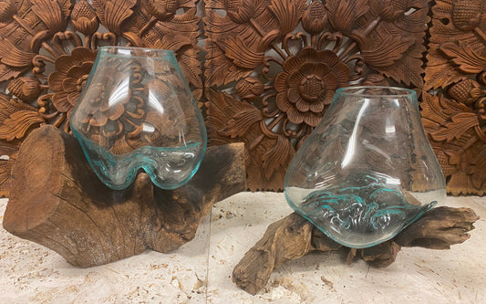 Hand blown Glass and Driftwood Terrarium or Fish Bowl - Large