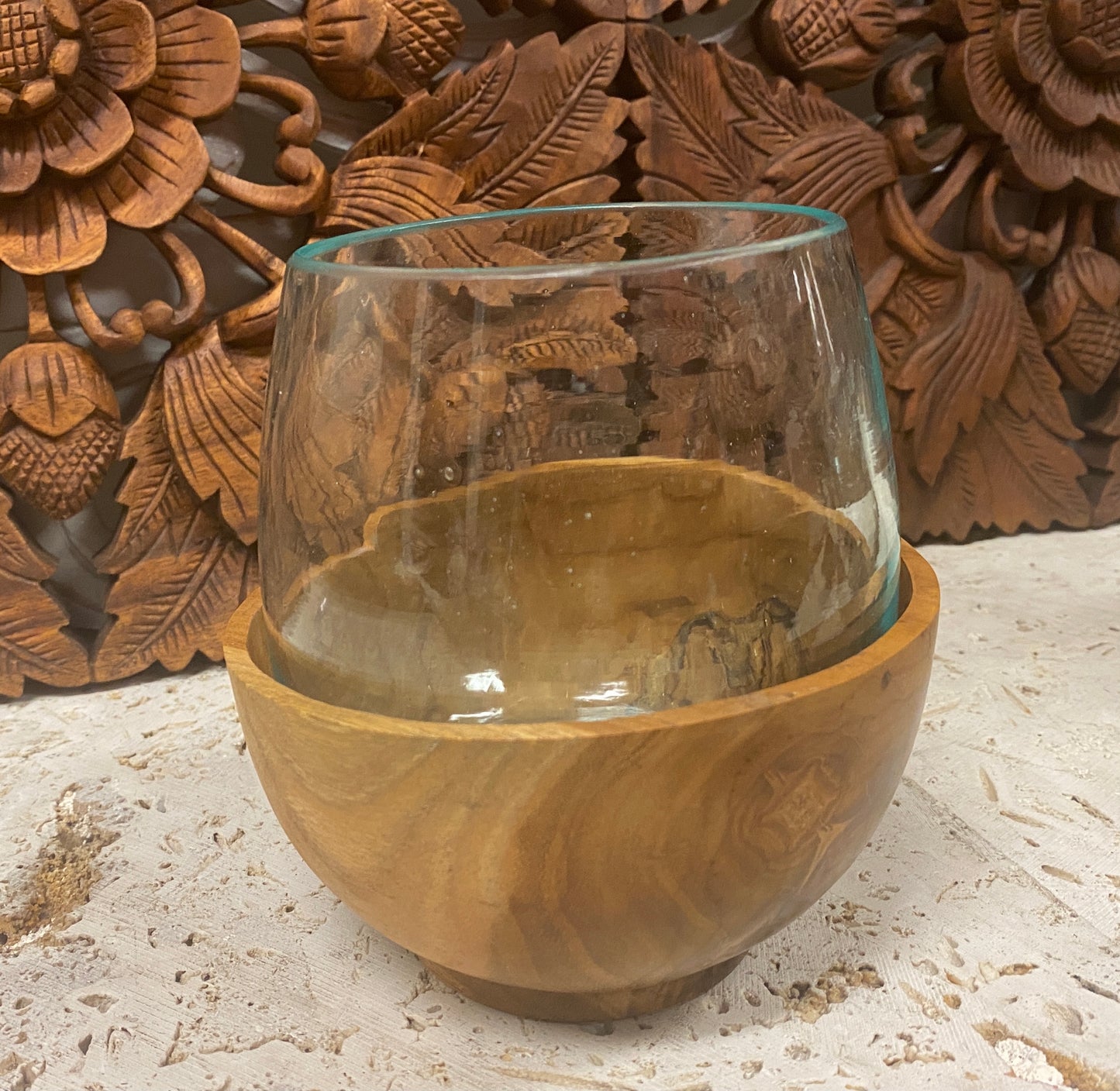 Hand Blown Glass Terrarium / Candle Holder over Carved Teak Bowl