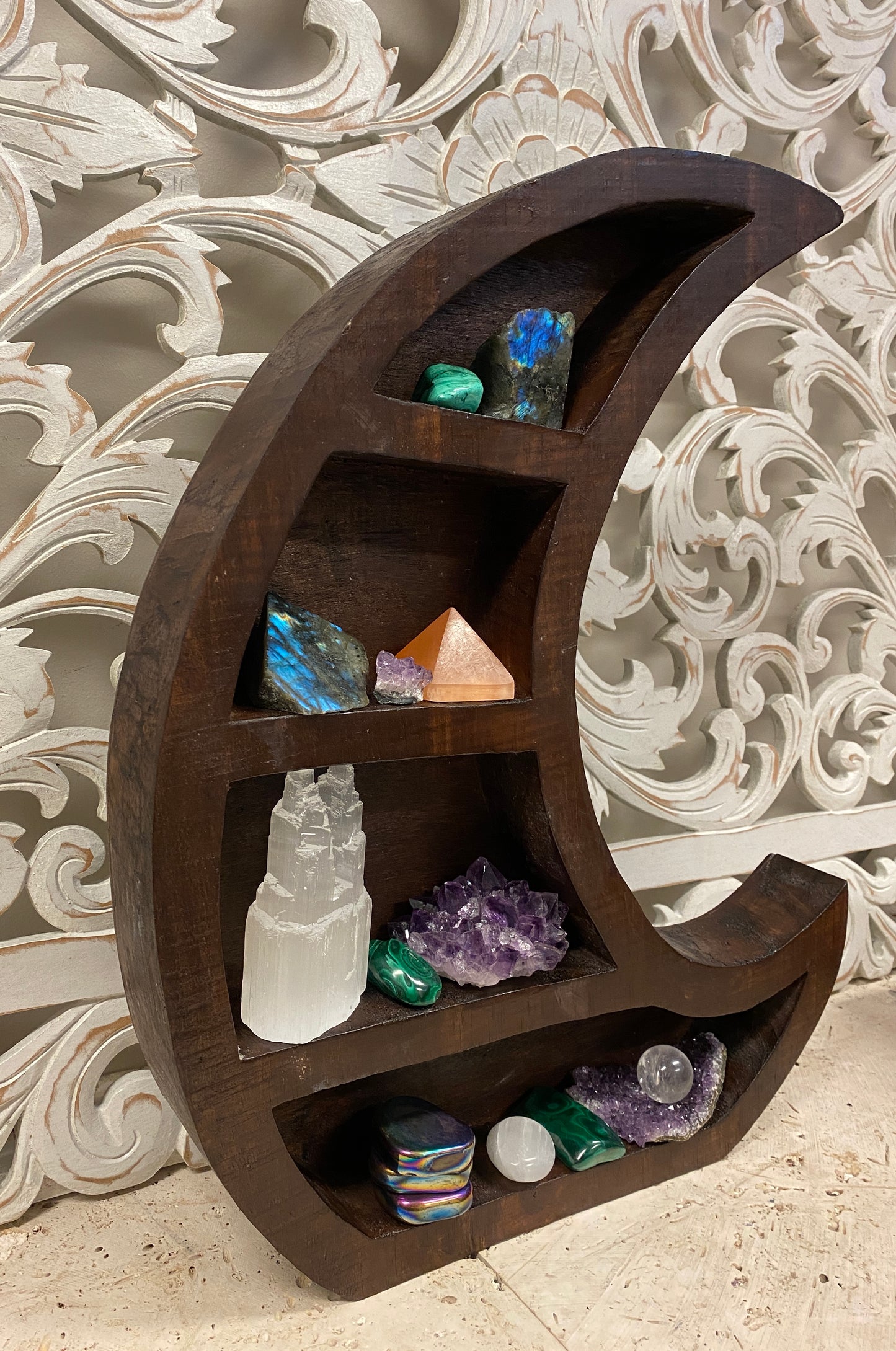 Arbesia Wood Crescent Moon Standing table display for your Crystal Collection!