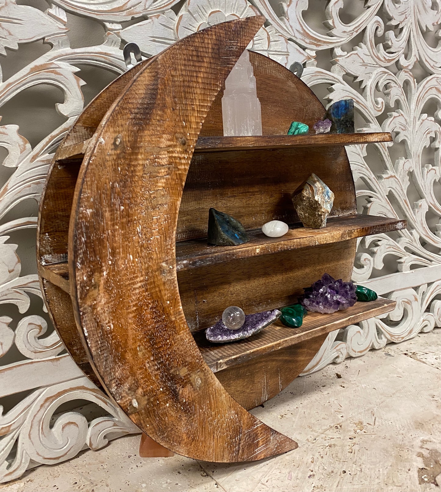 Arbesia Wood Crescent Moon Wall shelf for your Crystal Collection!