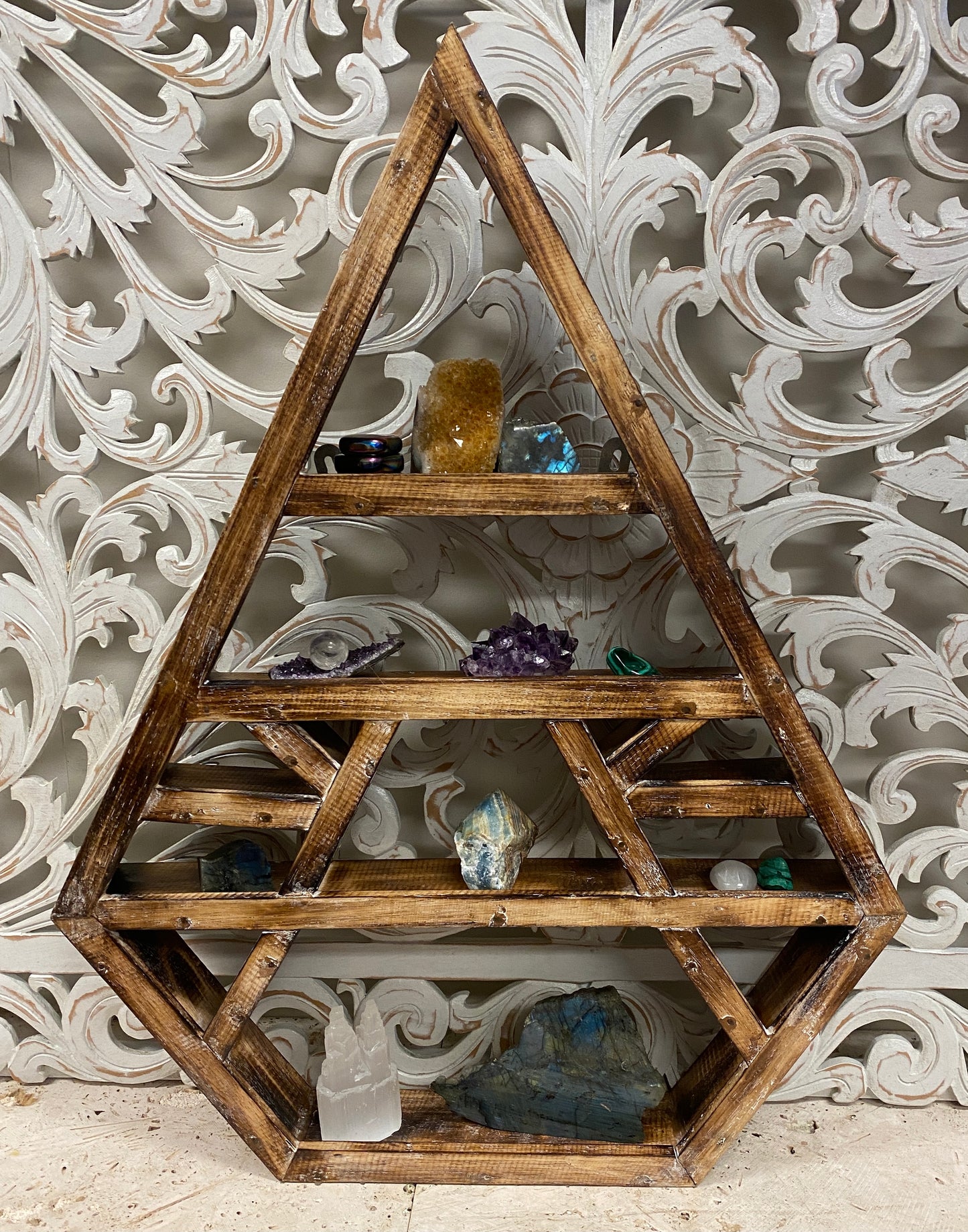 Arbesia Wood Diamond wall shelf for your crystal collection! 30" x 24"