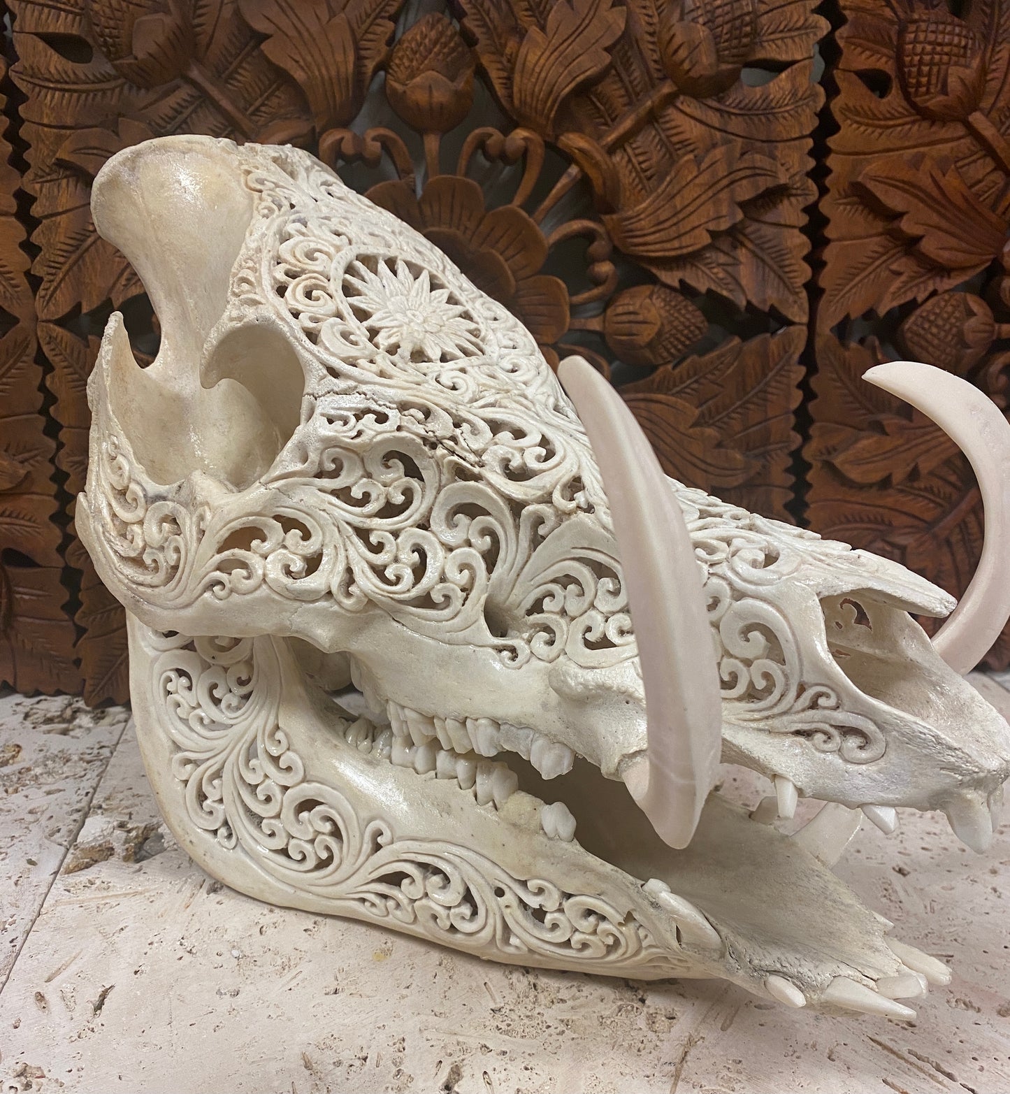 Intricately Carved Wild Boar Skulls with Mandala
