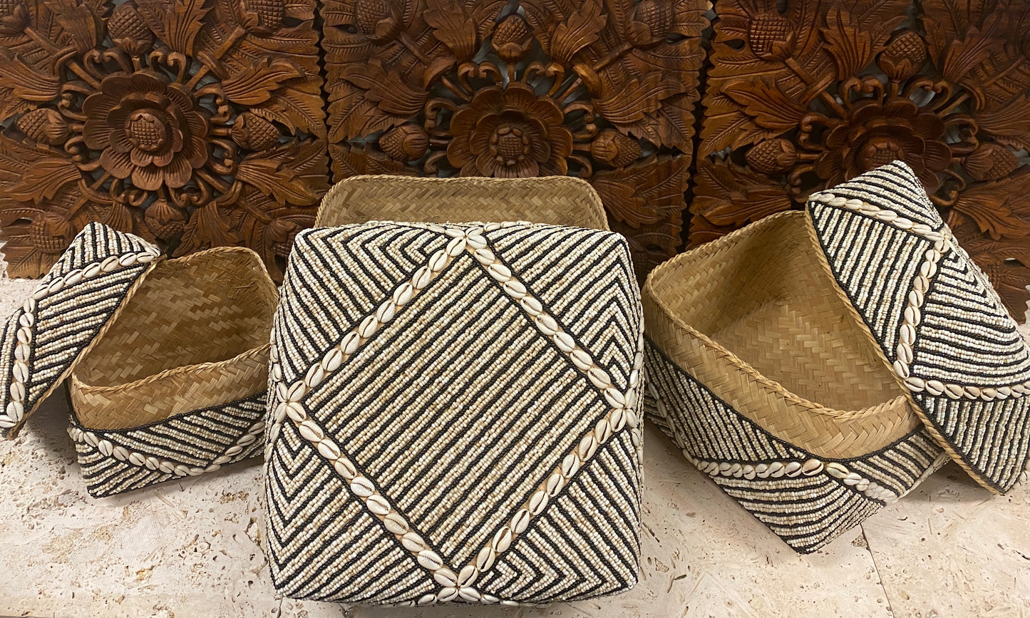 Set of Three offering baskets with hand beadwork and Cowrie Shells from Bali