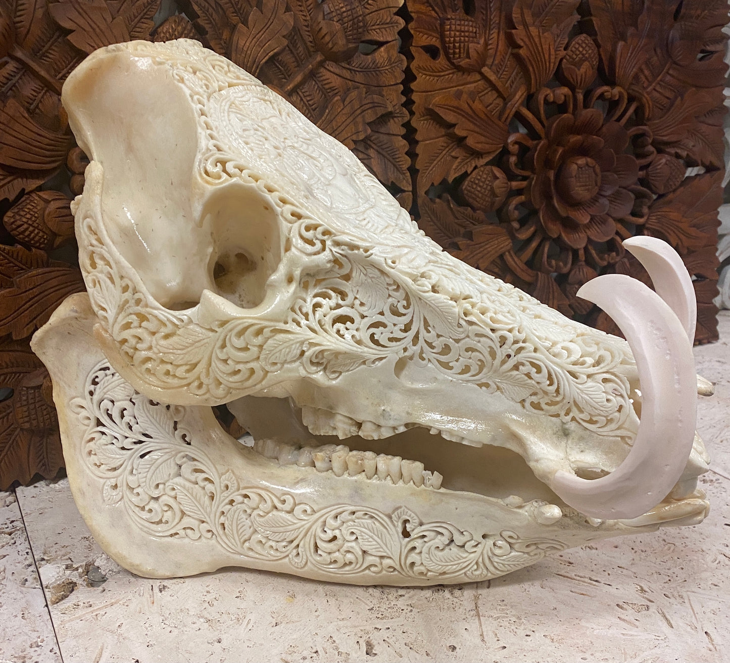 Intricately Hand Carved Wild Boar Skulls with Ganesh