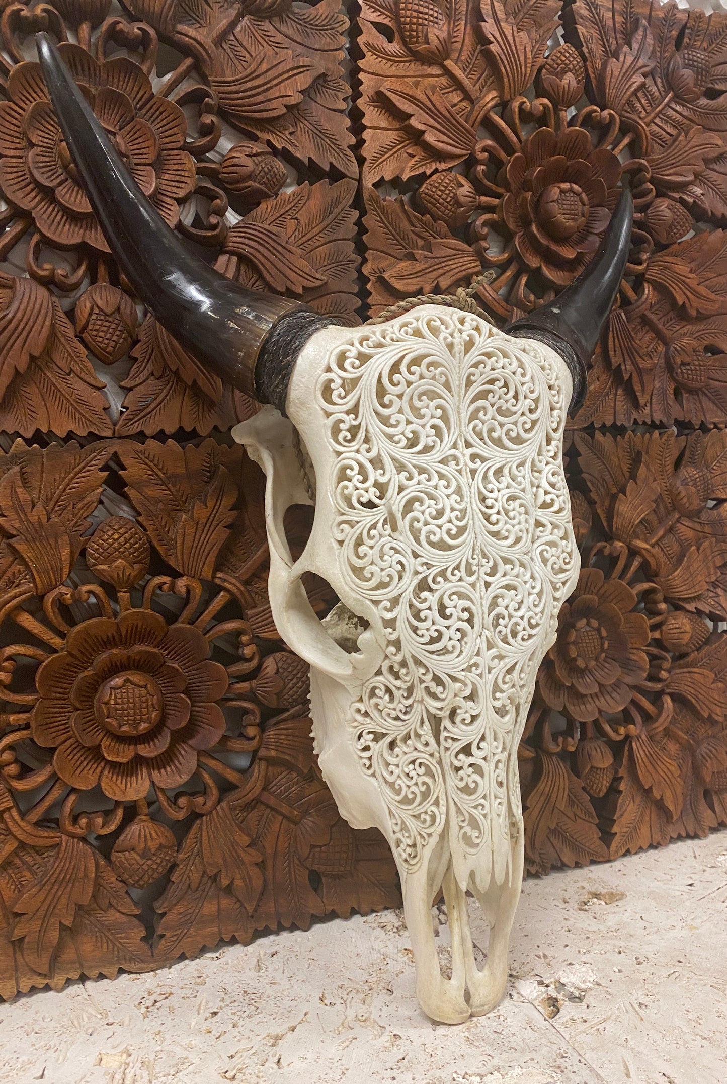 Intricately Hand Carved Buffalo Skulls with Spirals