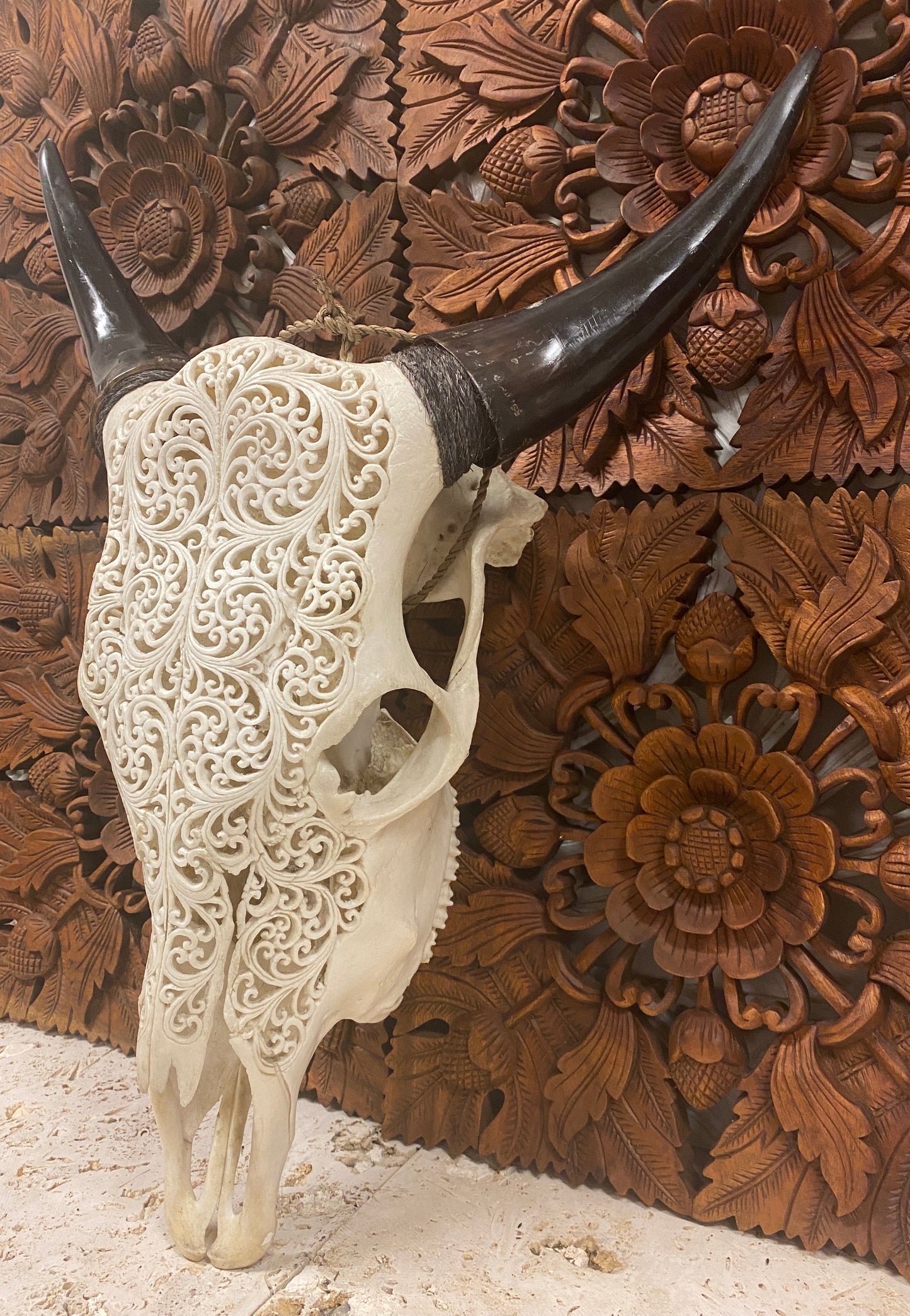 Intricately Hand Carved Buffalo Skulls with Spirals