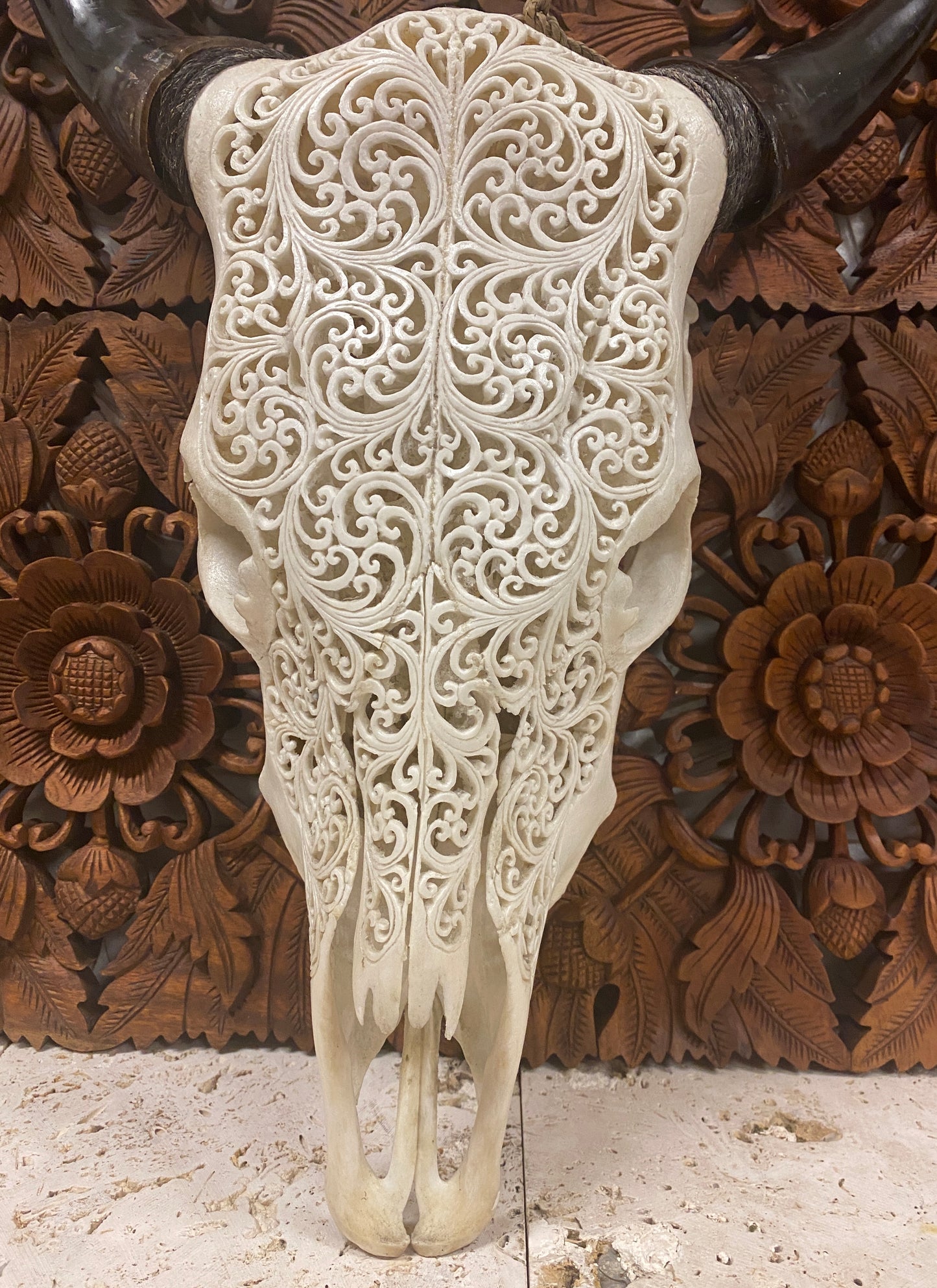 Intricately Hand Carved Buffalo Skulls with Spirals