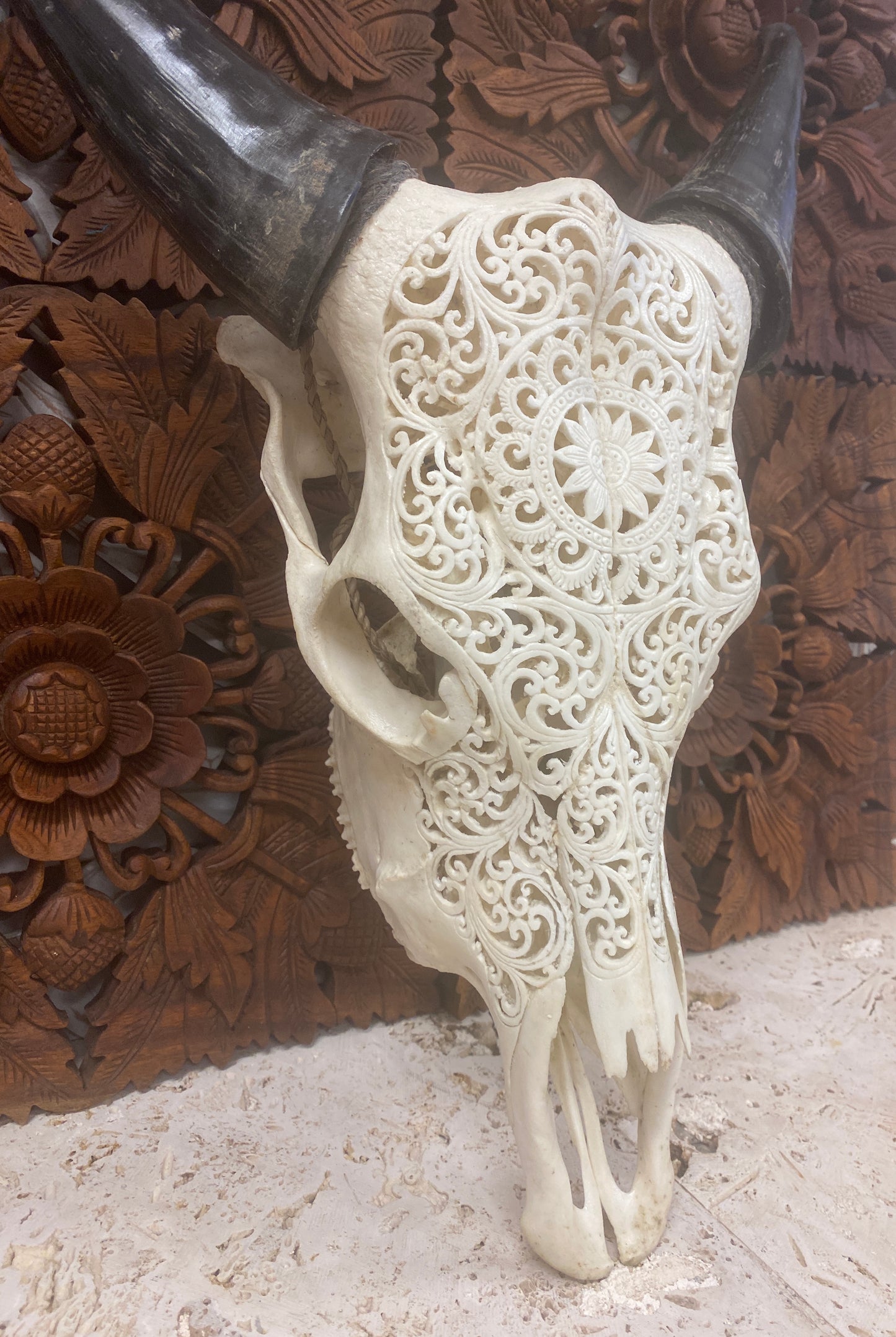 Intricately Carved Buffalo Skull Mandala