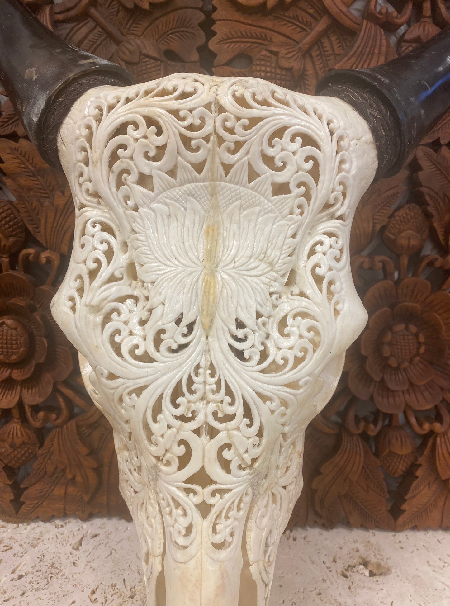Intricately Carved Buffalo Skulls Lotus