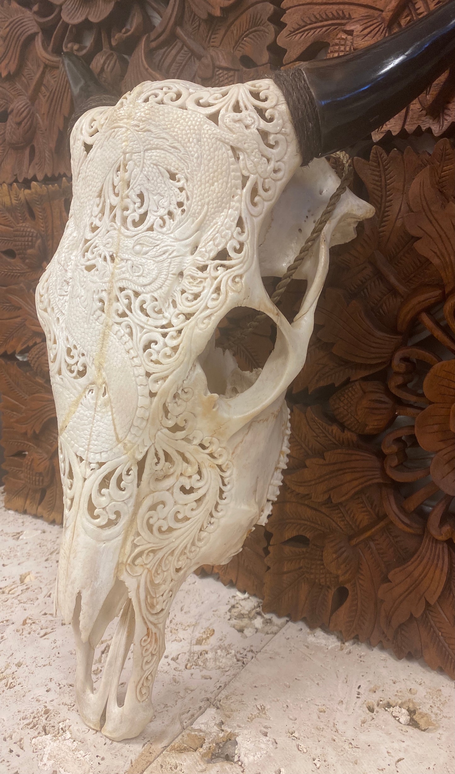 Intricately Carved Buffalo Skulls Dragons