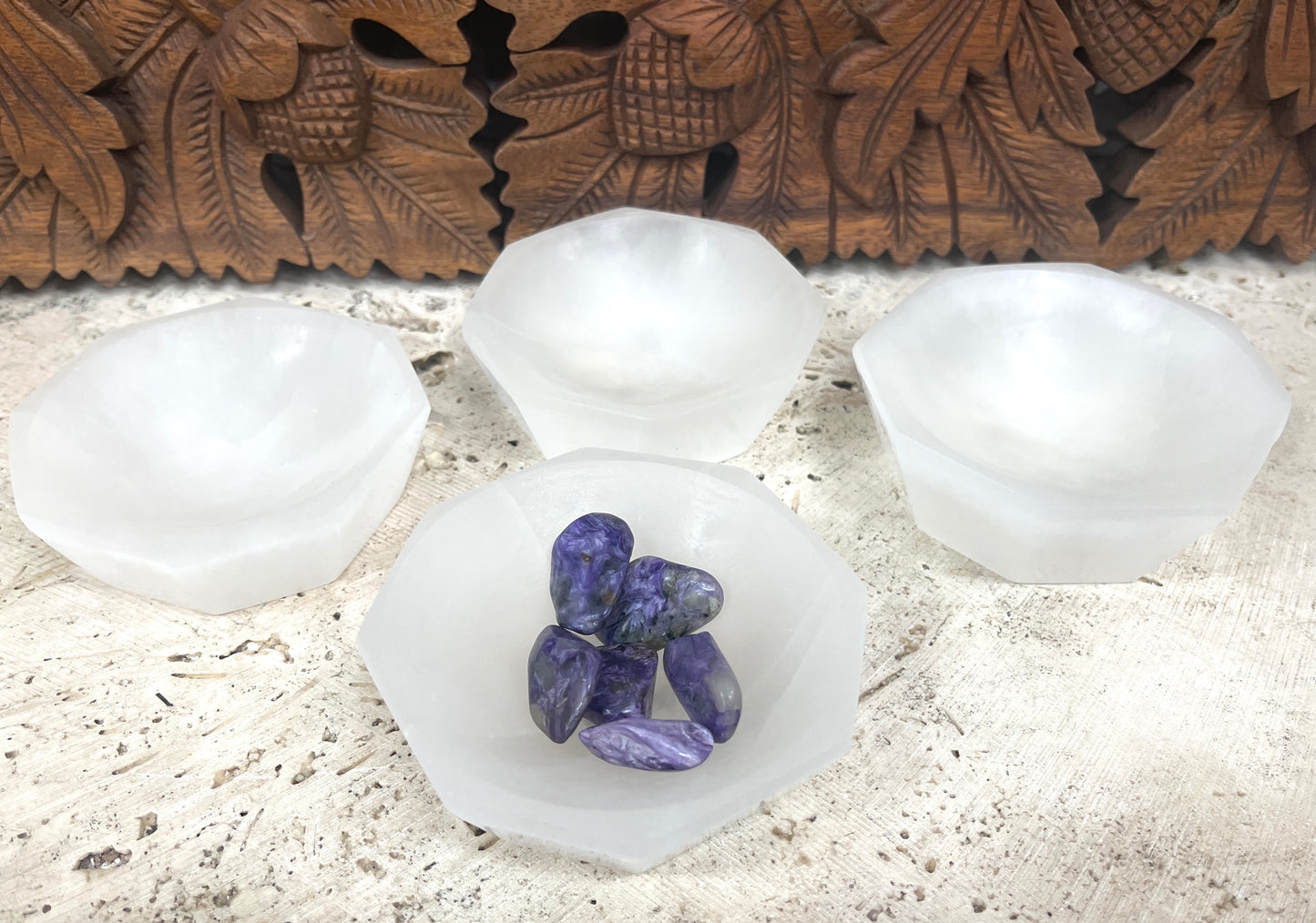 White Selenite Octagon Crystal Charging Cleaning Bowls