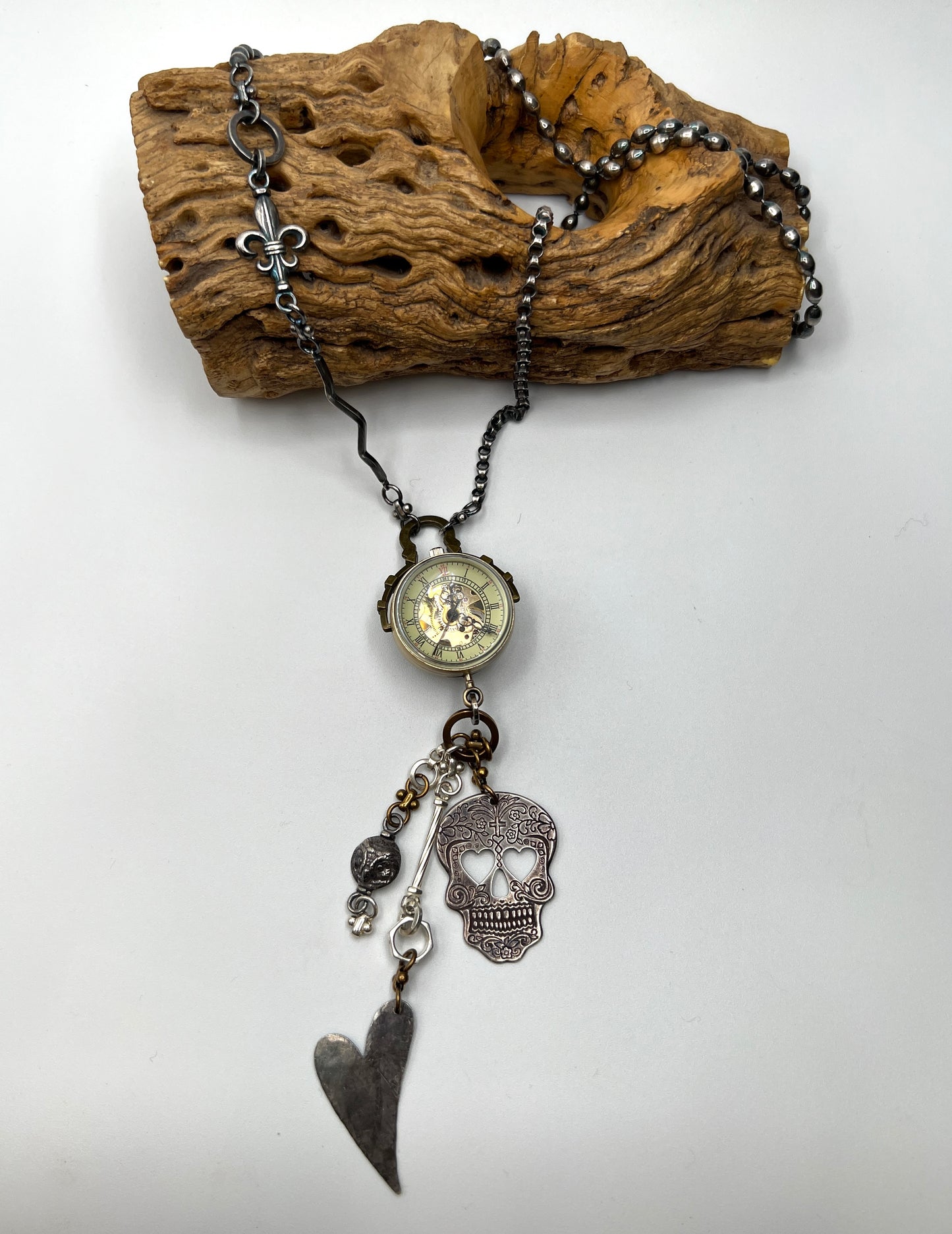 Sugar Skull Charm Watch Necklace by Carlos Montanaro & Crystal Rivera