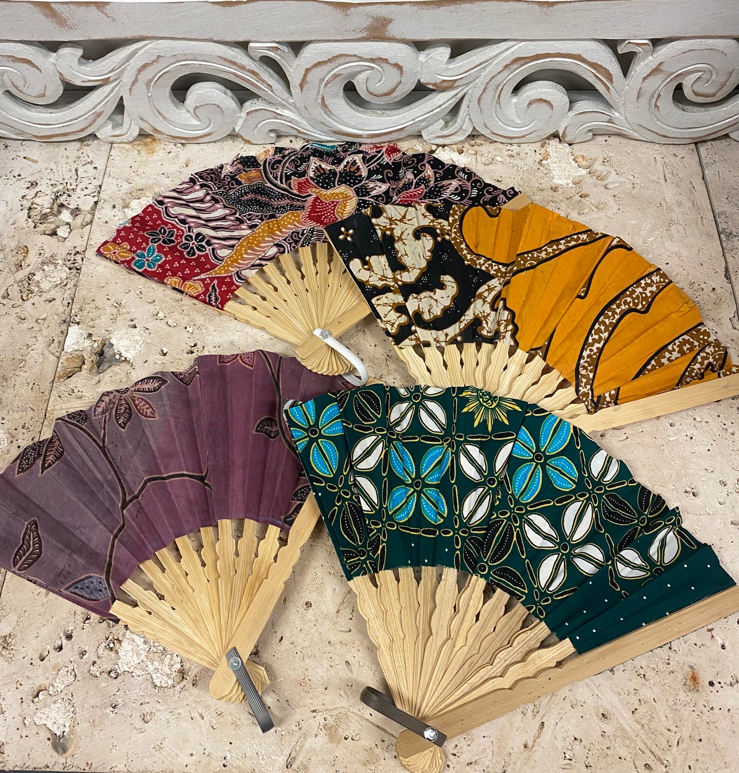 Balinese Batik Fabric Hand Fan's Assorted Fabrics