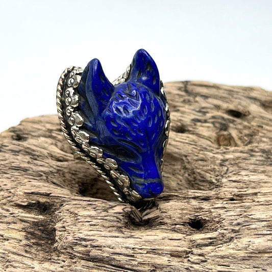 Carved Lapis Wolf Rings