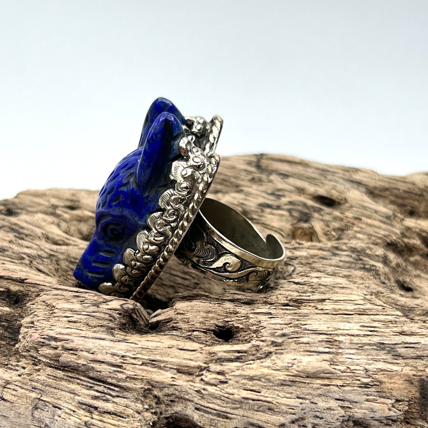 Carved Lapis Wolf Rings