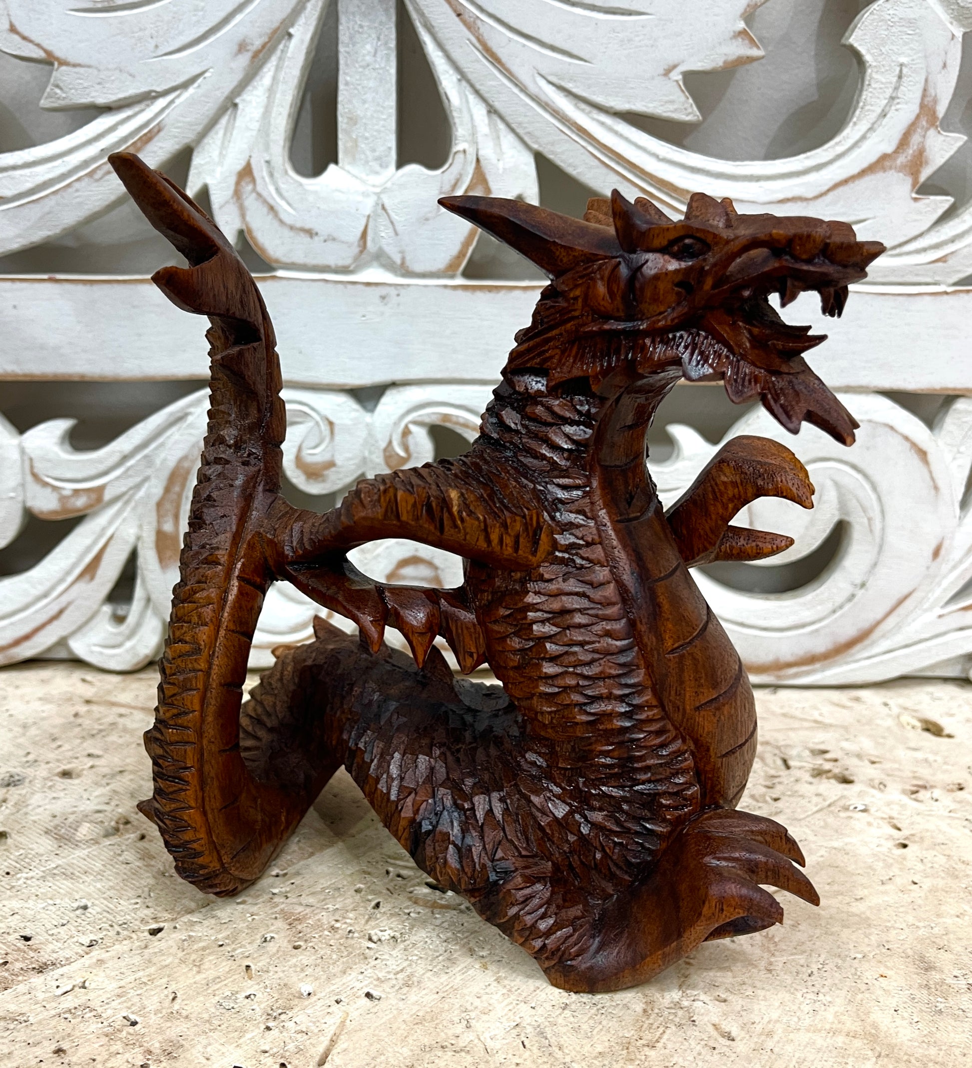 8.5 Hand Carved Wooden Dragon Statue Sculpture Figurine Wood Art