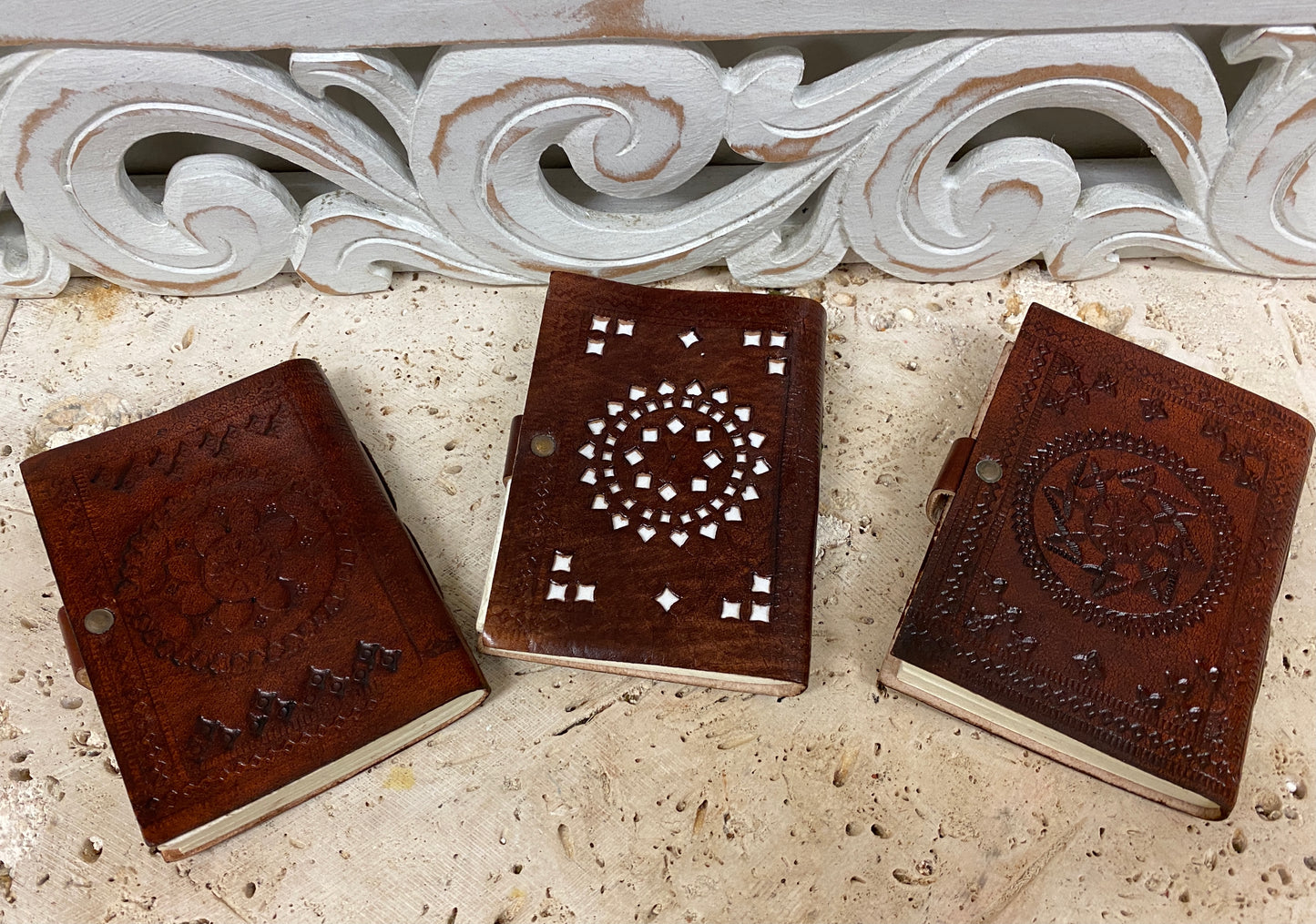 Hand Embossed Camel leather Journal with button close - Available in 3 Designs 3.5" x 5"