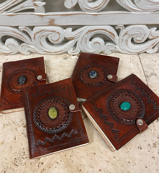 Hand Embossed Camel leather Journal with Gemstones & button close - 4.5" x 6" x 1/2"