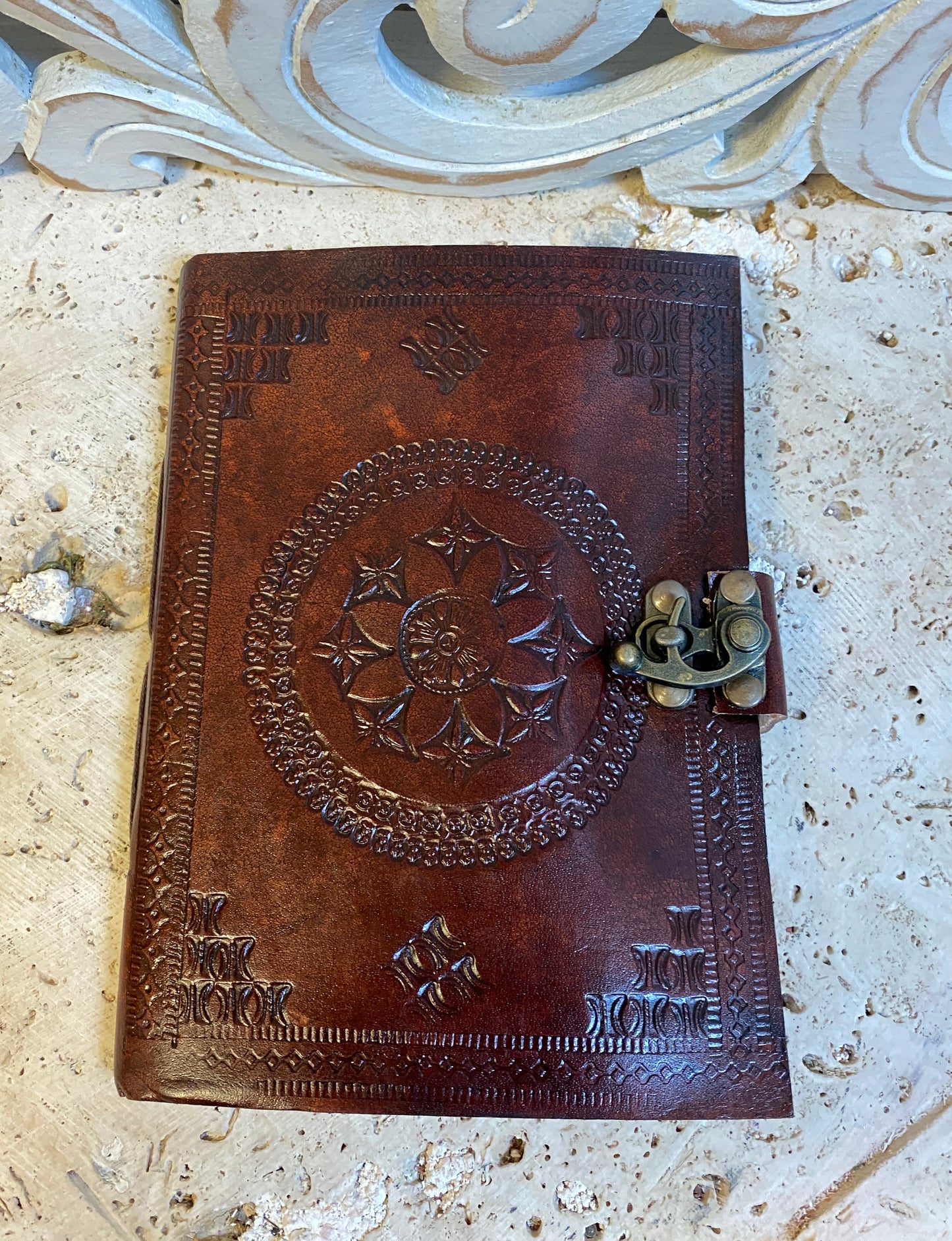 Hand Embossed Camel leather Journal with Buckle Latch - 5" x 7"x 1/2" - Available in 3 Designs