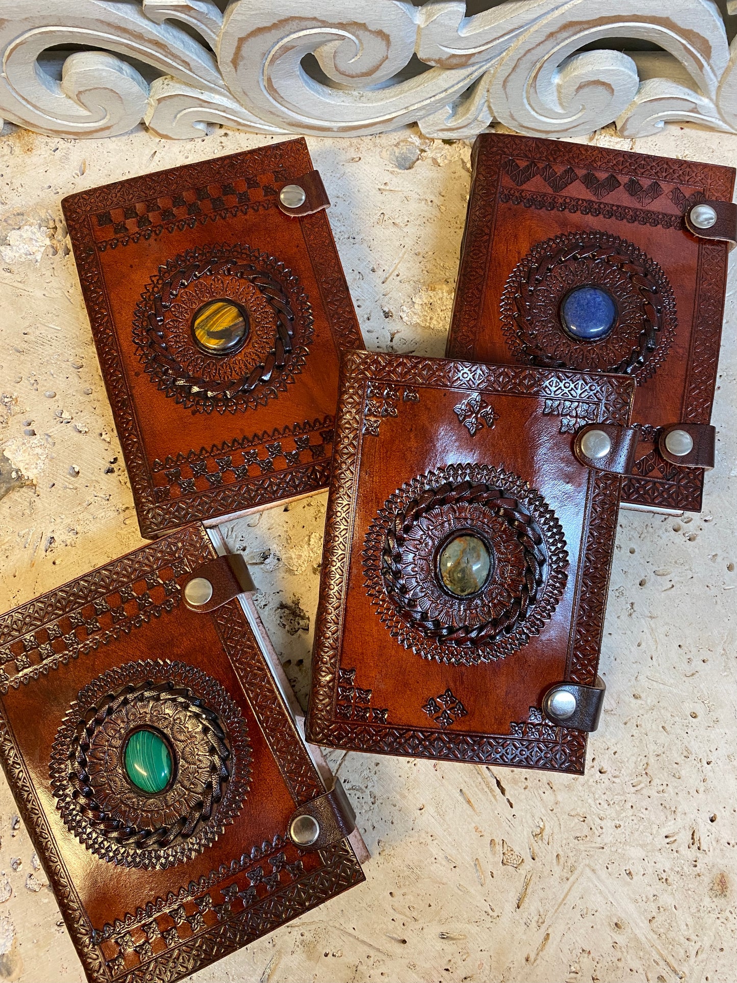 Hand Embossed Camel leather Journal with Gemstones & Button Clasp - 5" x 7" x 1"
