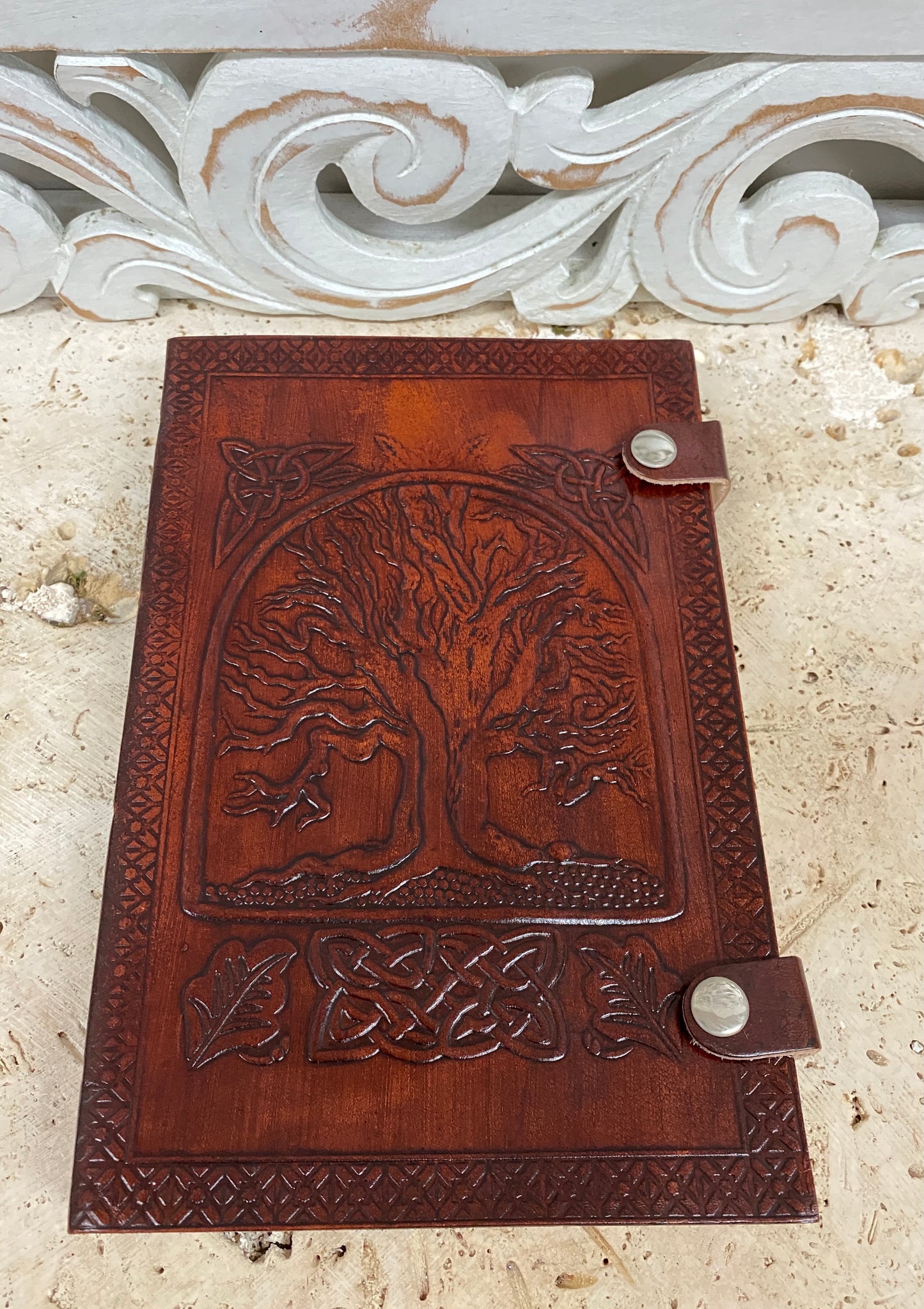 Hand Embossed Camel leather Journal with Button Clasp - 6" x 9" x 1"