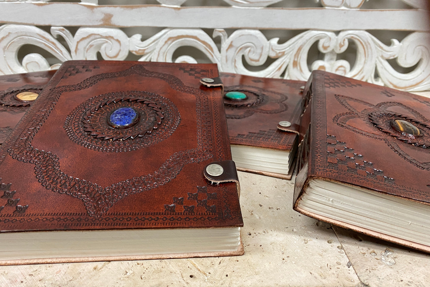 Hand Embossed Camel leather Journal with Gemstones & Button Clasp - 10" x 7" x 1"