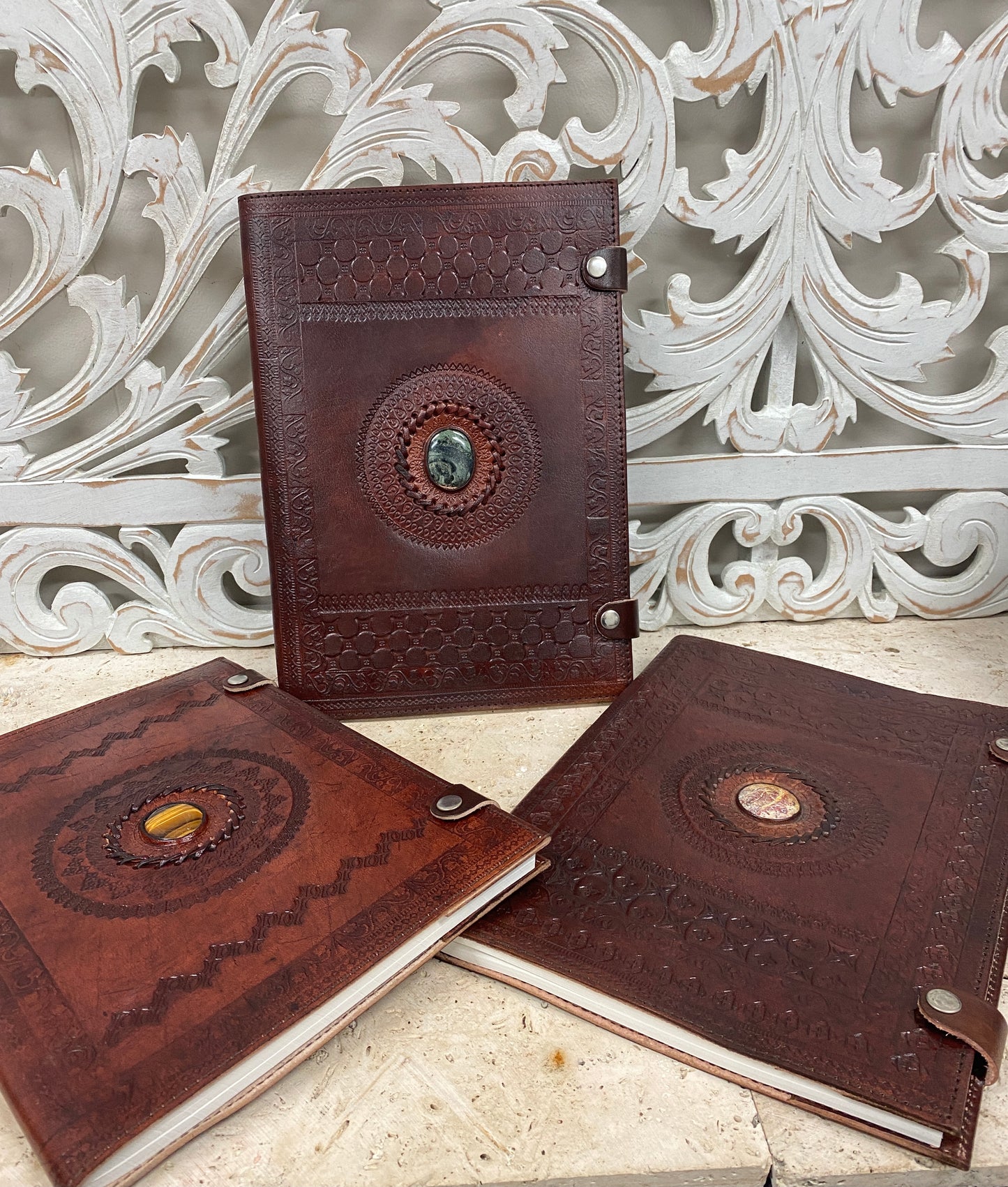 Refillable Hand Embossed Camel leather Journal or Sketch book with Gemstones & Button Clasp - 12.5" x 9" x 1/2"