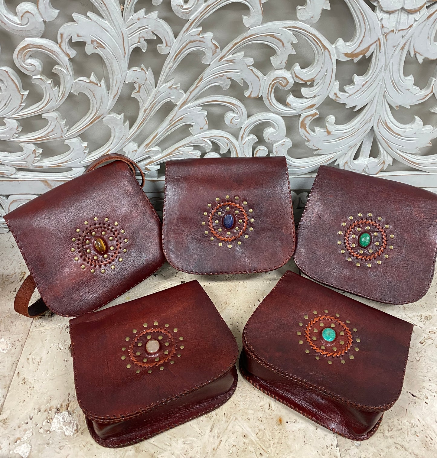 Hand Made Camel Leather Round bottom purse with Gemstones 3 Pockets! 9" x 7”