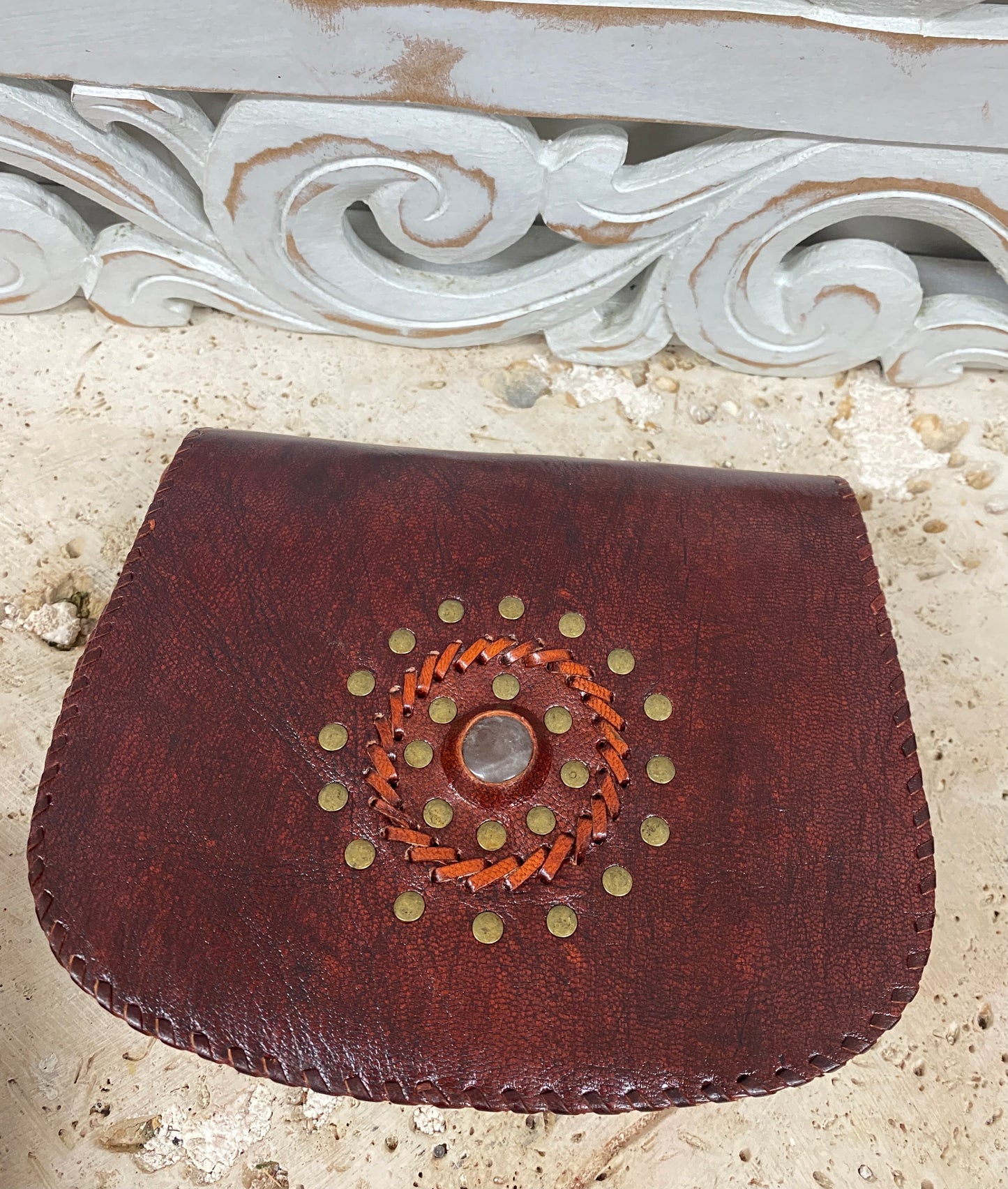 Hand Made Camel Leather Round bottom purse with Gemstones 3 Pockets! 7" x 5”