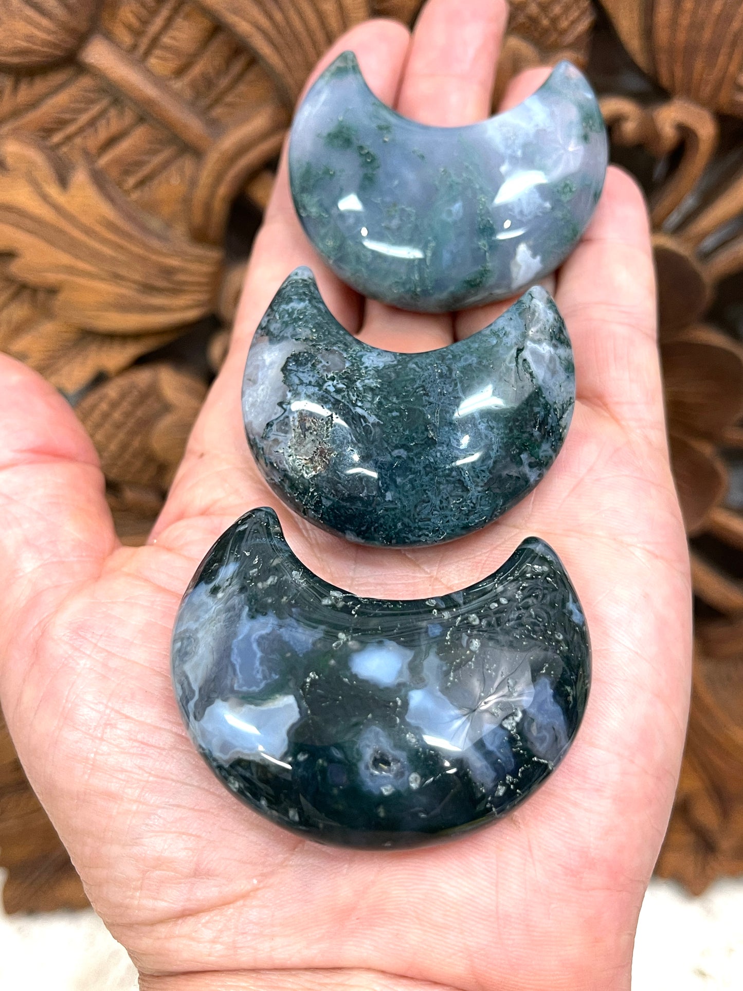 Hand carved Moss Agate Crescent Moons