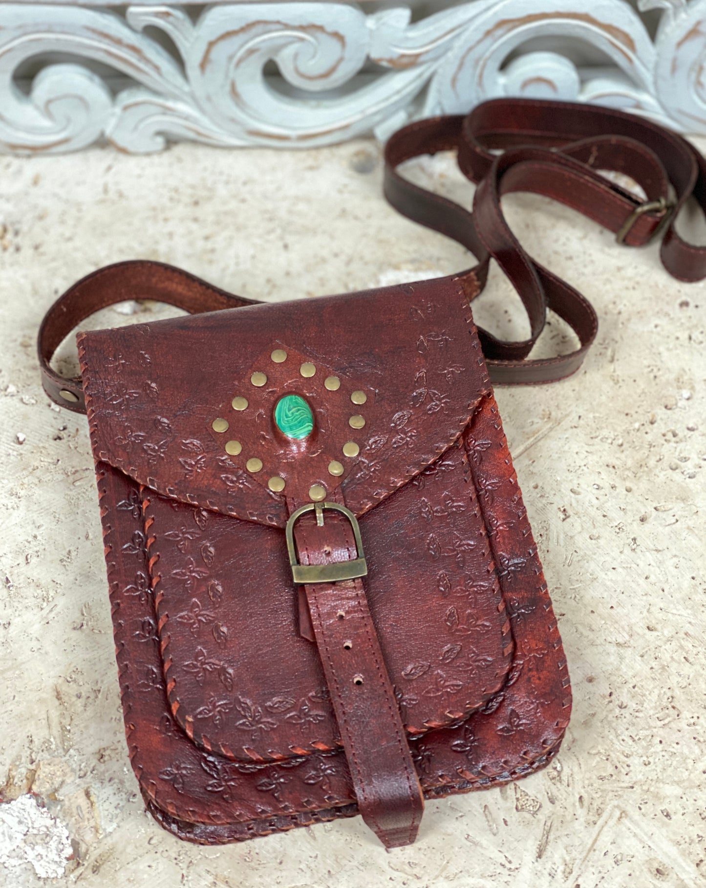 Hand Made Camel Leather purse with Gemstones 3 Pockets! 9" x 7"