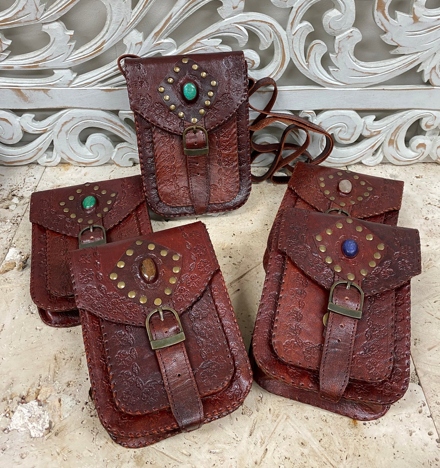 Hand Made Camel Leather purse with Gemstones 3 Pockets! 8" x 6”