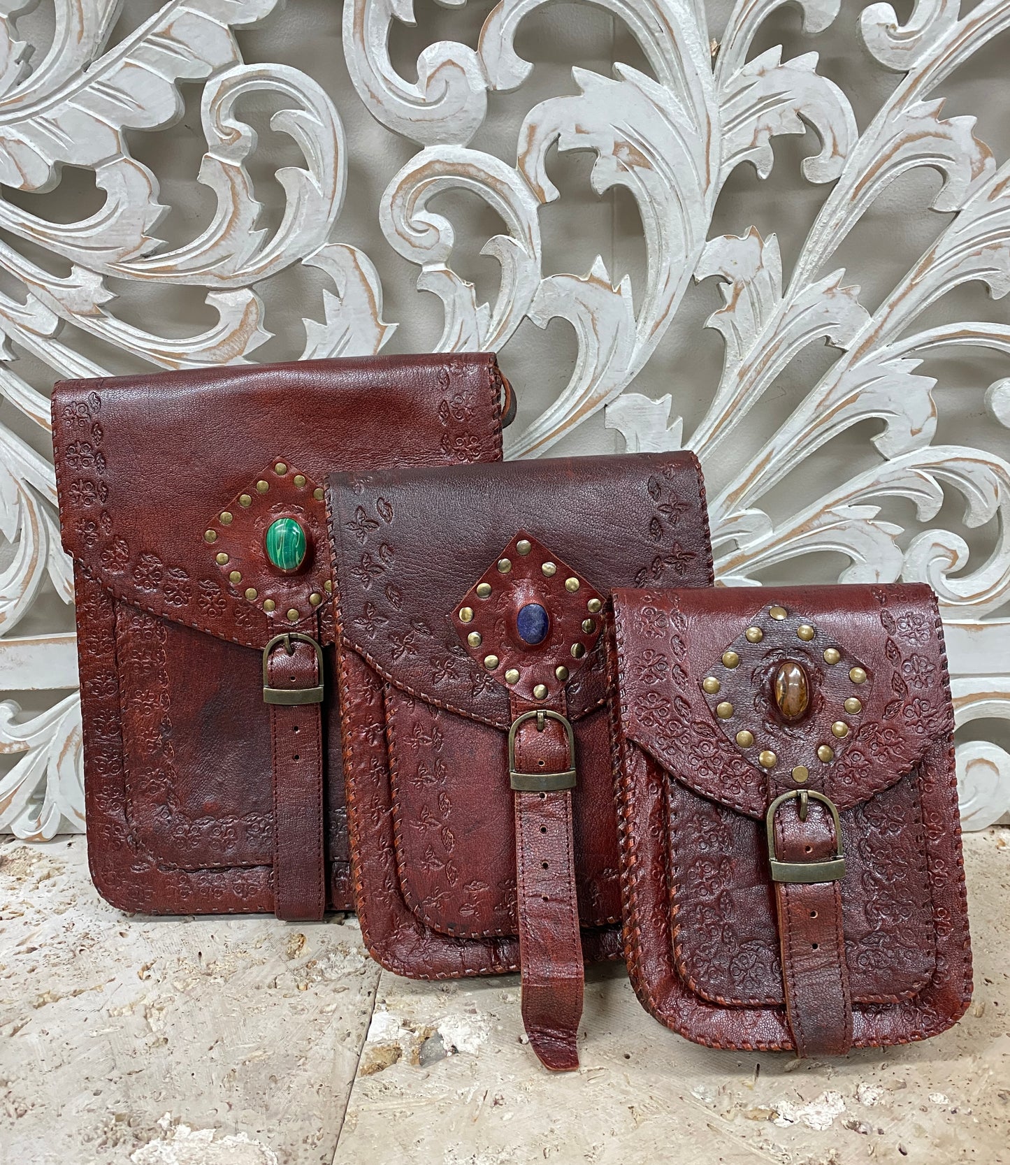 Hand Made Camel Leather purse with Gemstones 3 Pockets! 9" x 7"