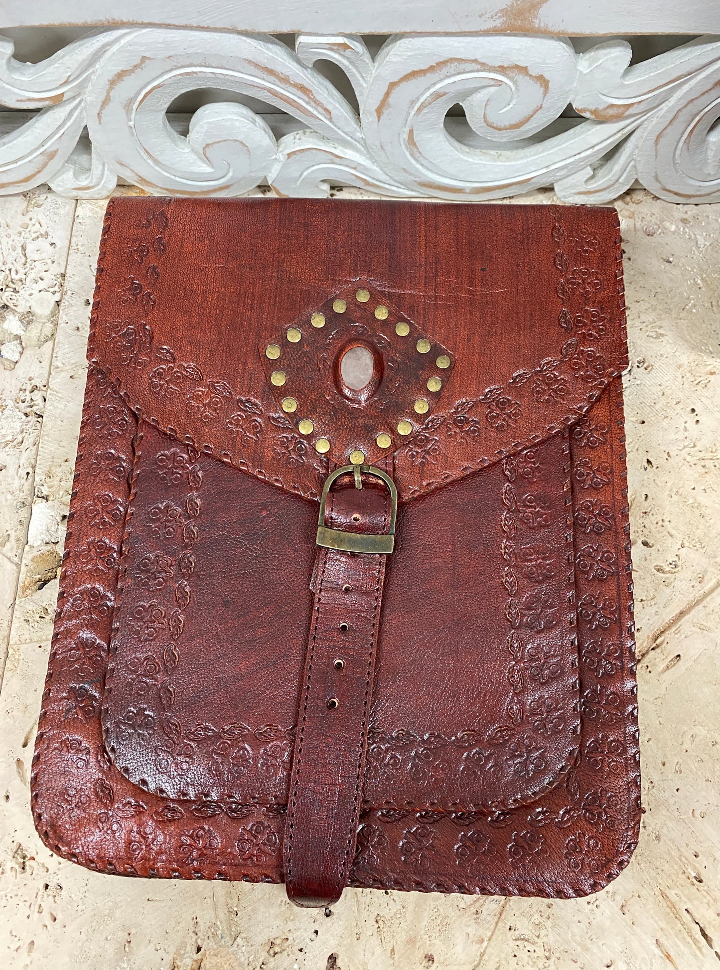 Hand Made Camel Leather purse with Gemstones 4 Pockets! 11" x 9"