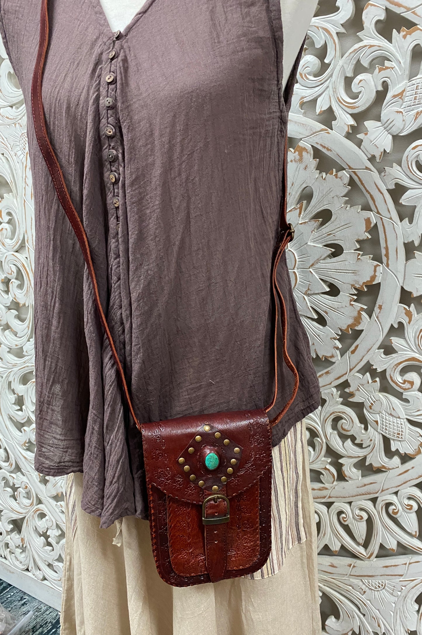 Hand Made Camel Leather purse with Gemstones 3 Pockets! 8" x 6”