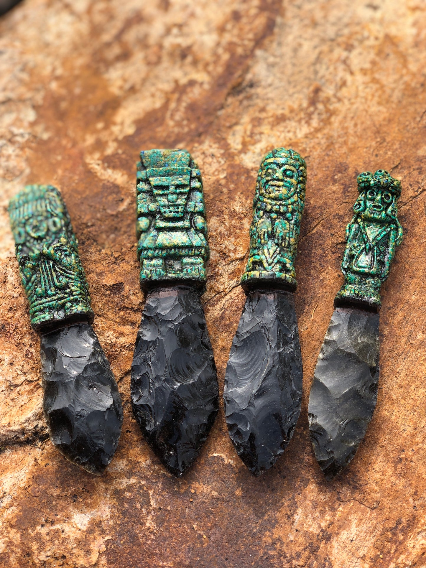 Decorative Aztec Tlaloc Obsidian Knives | Rain God