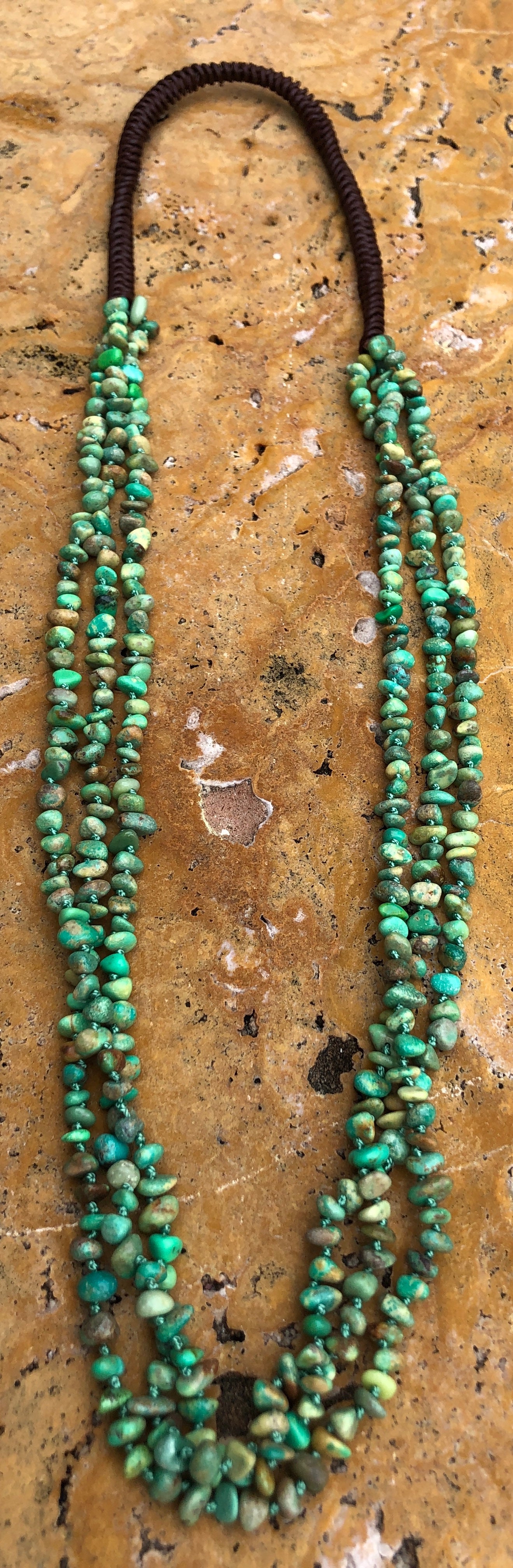 Hand knotted 3 strand Natural Green Turquoise Chip Necklace
