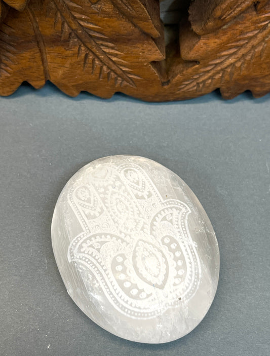 Selenite Hamsa Engraved Palm Stones