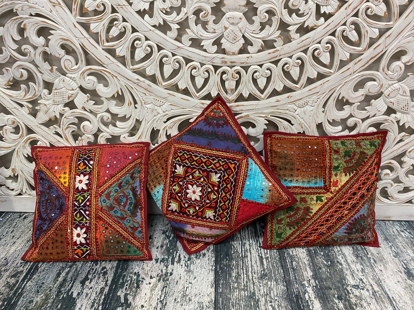 Rajasthani Embroidered Patchwork Throw Pillow Cases with Mirror Work - 3 Designs