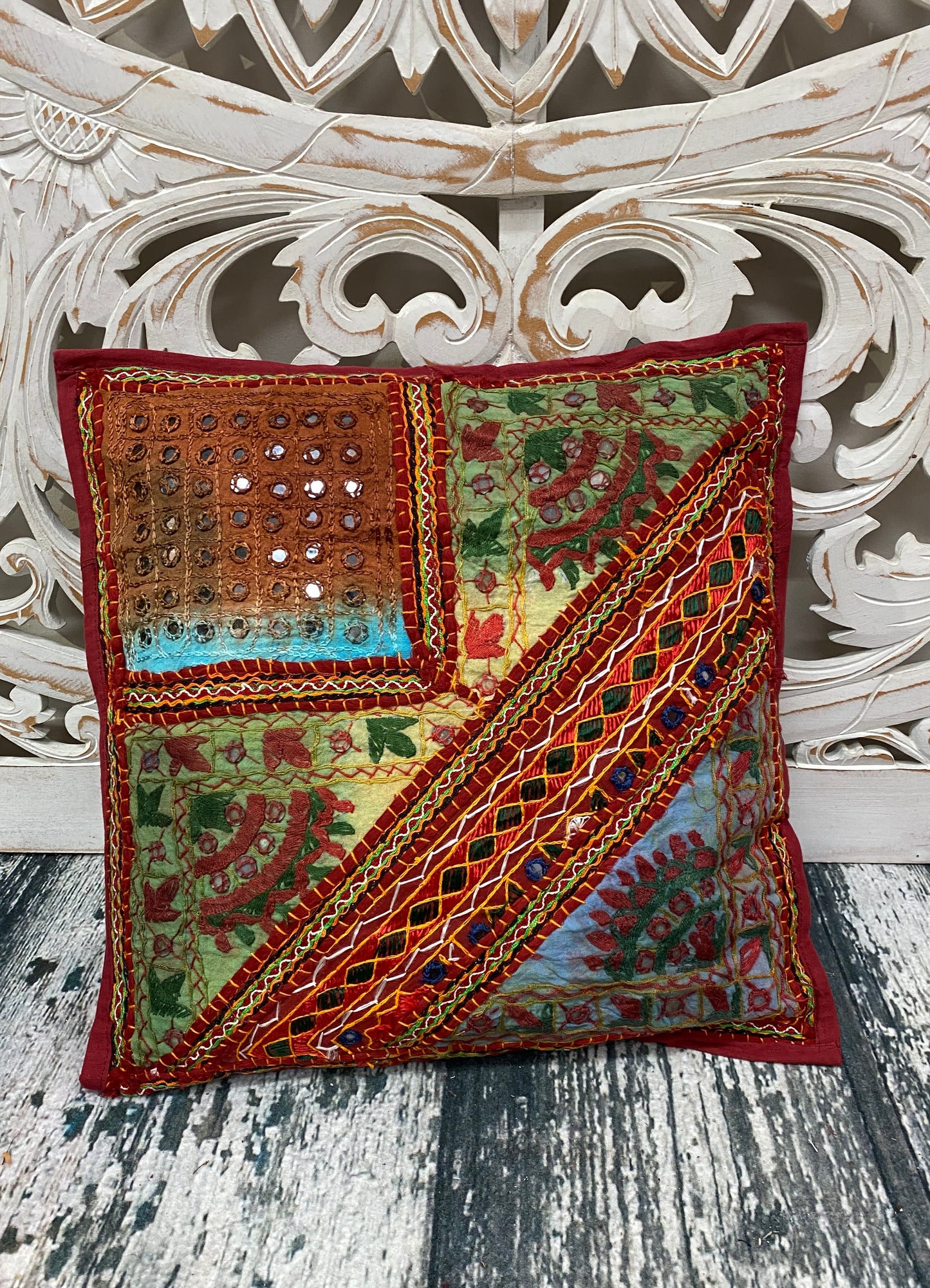 Rajasthani Embroidered Patchwork Throw Pillow Cases with Mirror Work - 3 Designs