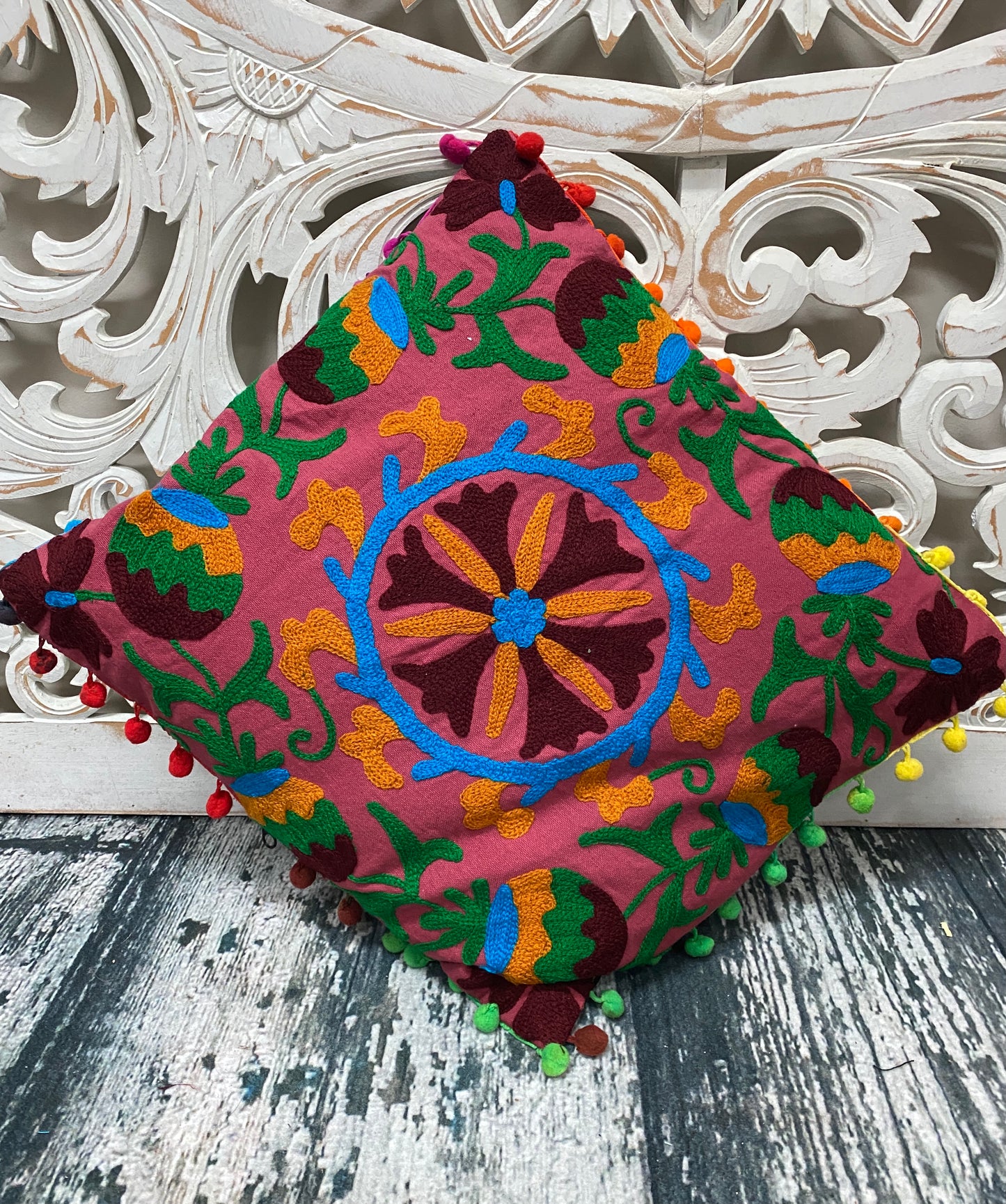 Kashmiri Style Embroidered Pillow Cases with Pom Pom Borders - 10 Colors