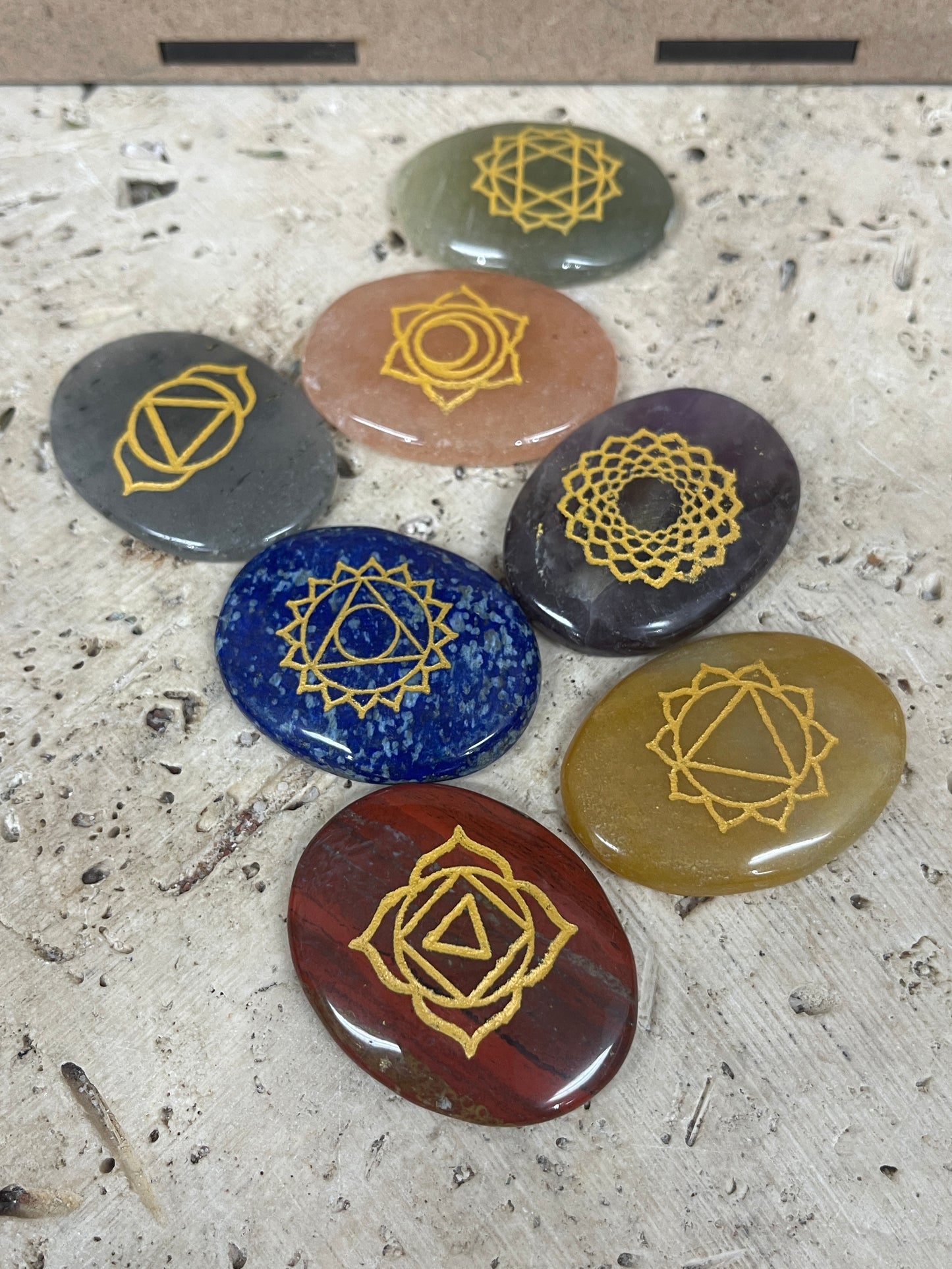 Set of 7 Hand Engraved Chakra Symbol Stones