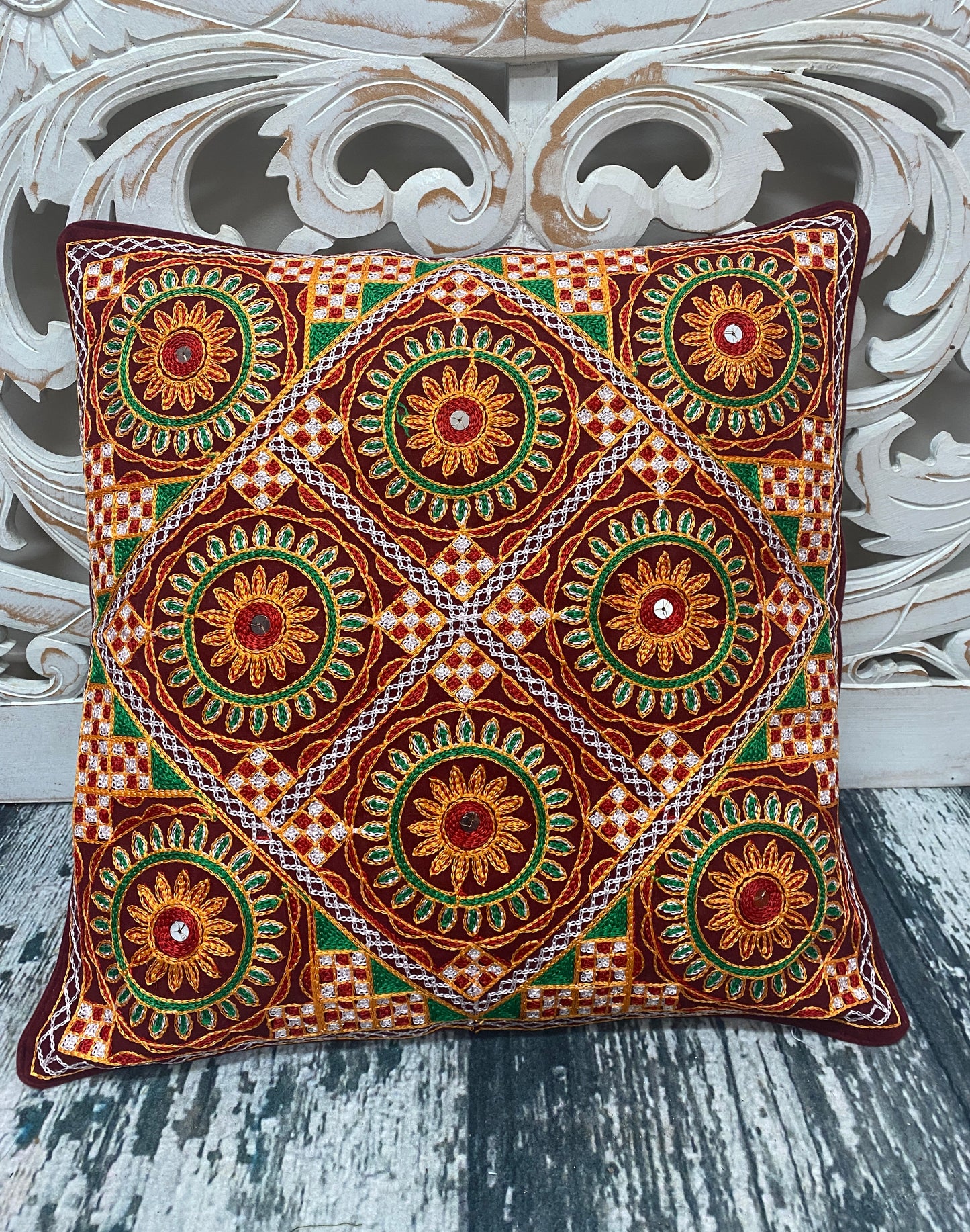 Embroidered Mandala Throw Pillow Cases w Shisha Mirrors