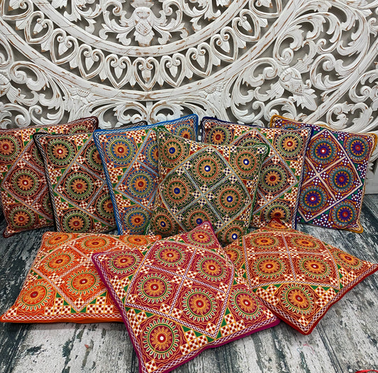 Embroidered Mandala Throw Pillow Cases w Shisha Mirrors - 10 Designs
