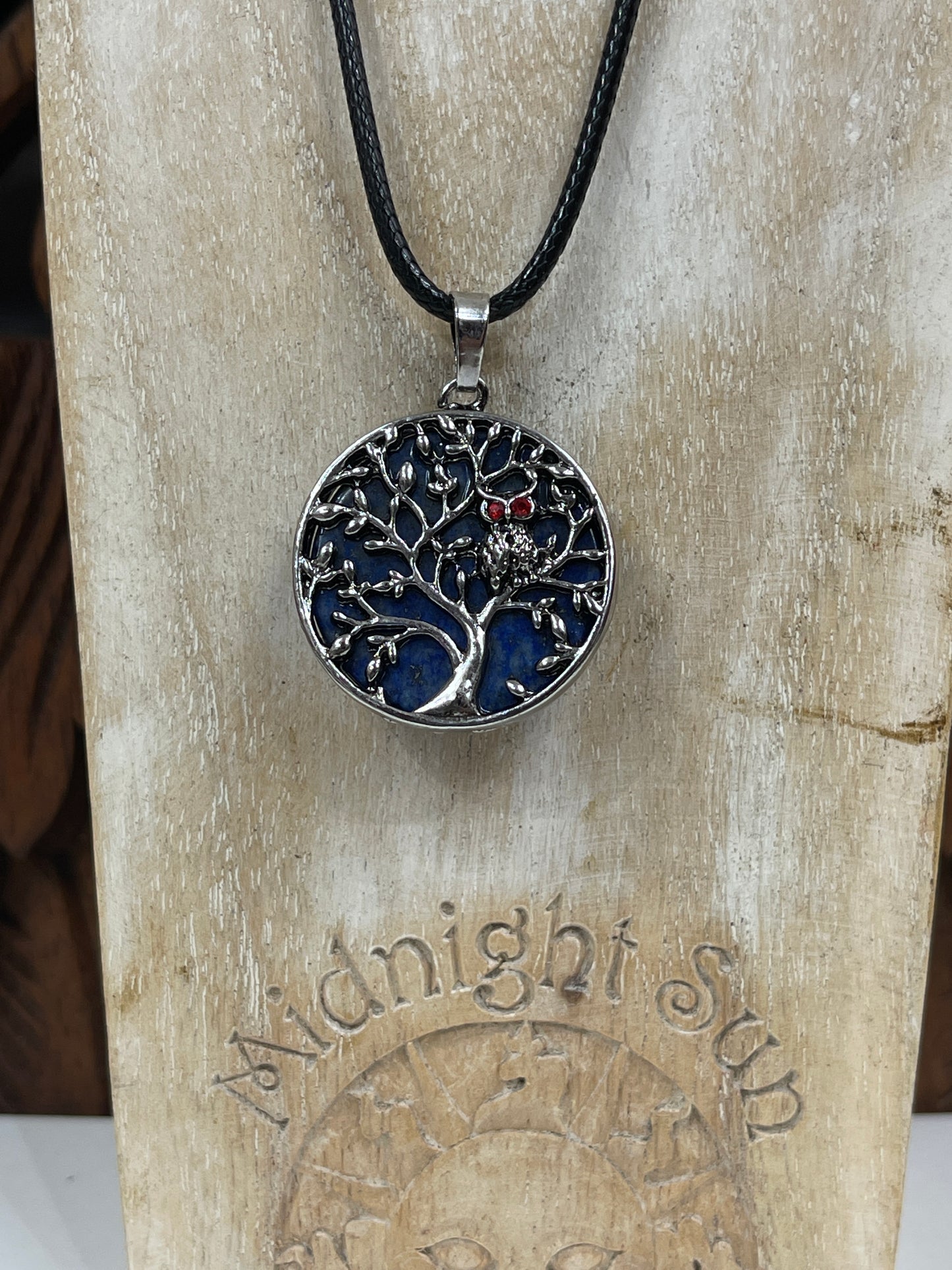 Lapis Pendant with Owl and Tree