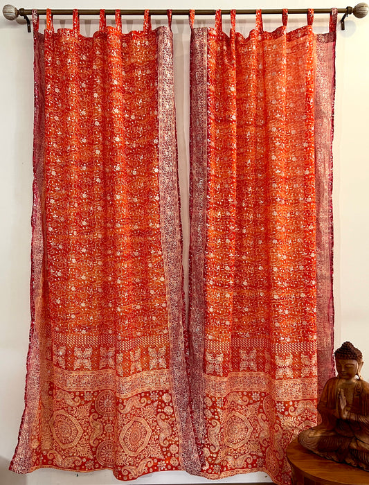 Orange & Red Sari Curtain Panels