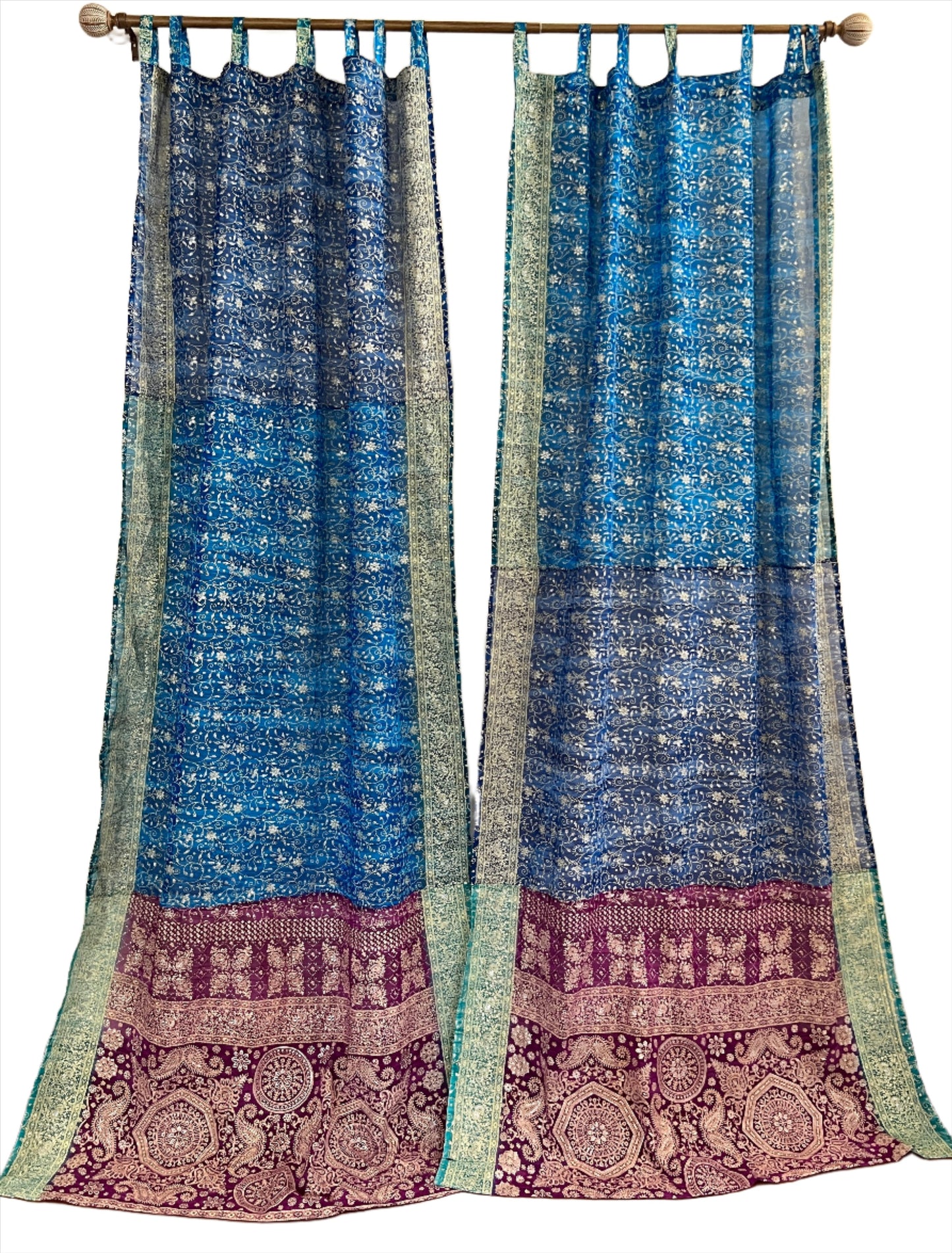 Tri Tones Blues Sari Curtain Panels