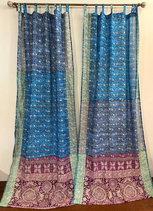 Tri Tones Blues Sari Curtain Panels