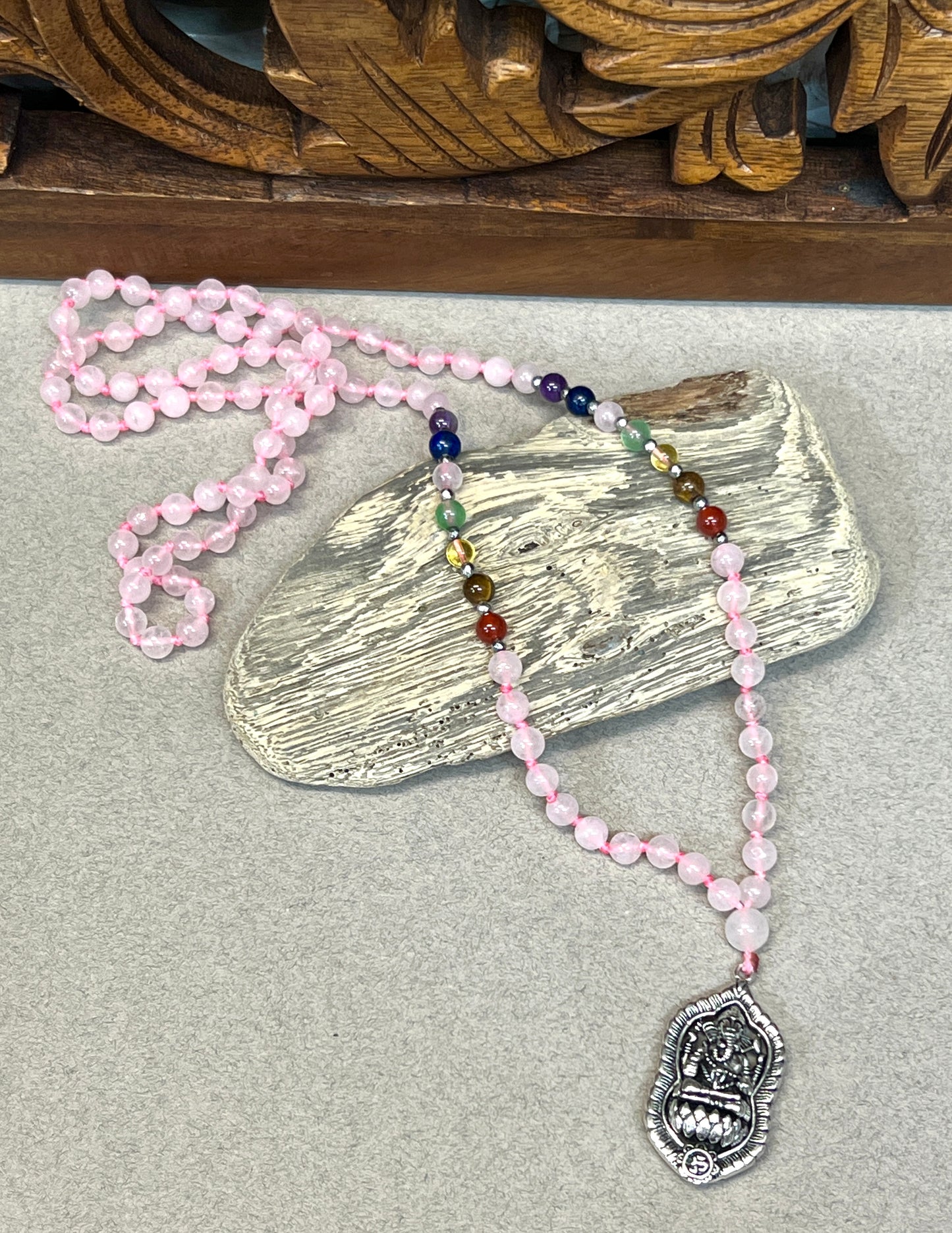 Hand knotted Rose Quartz Ganesh Mala